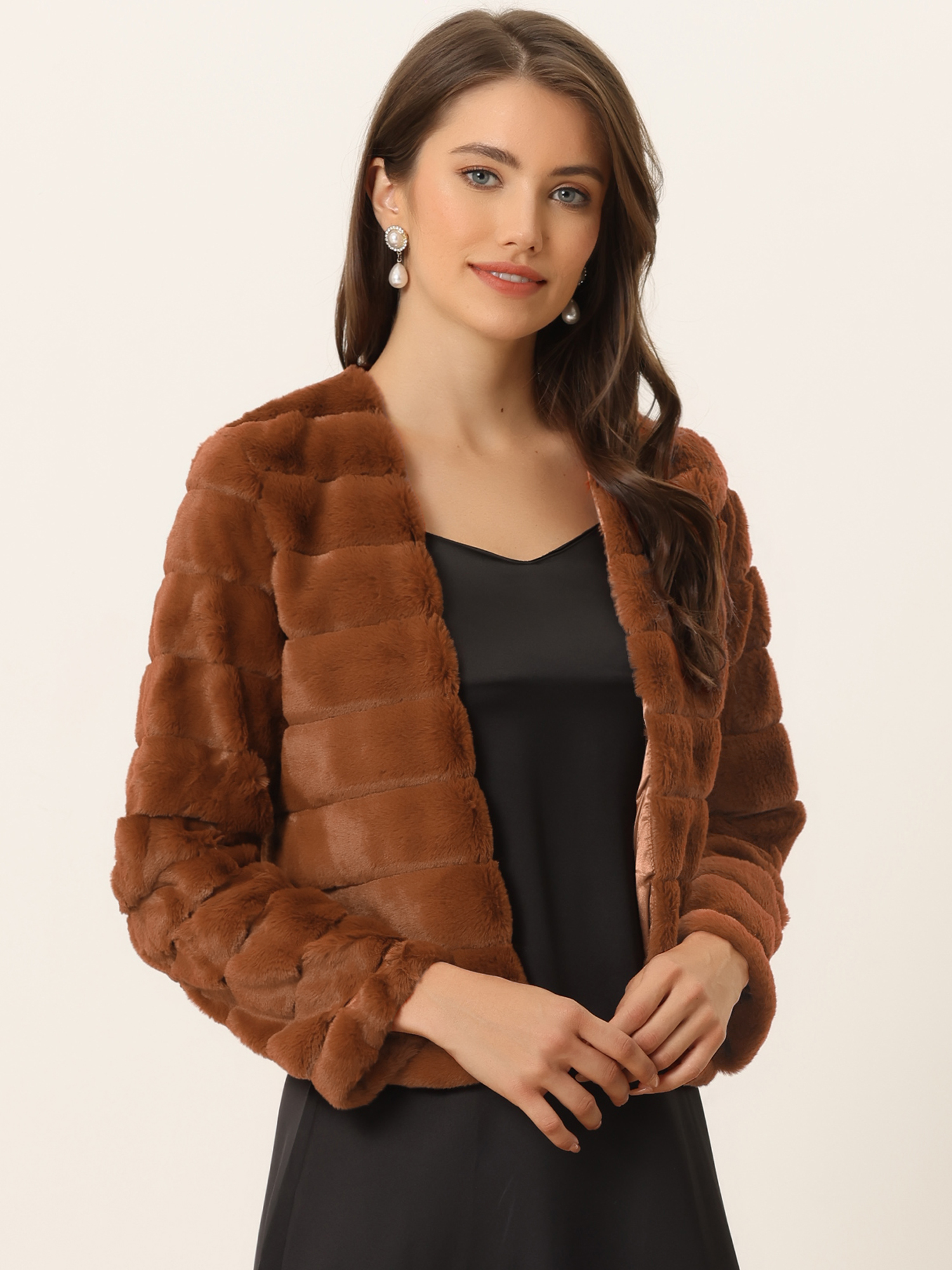 Winter Warm Cropped Jacket Collarless Faux Fur Fluffy Coat Caramel/L