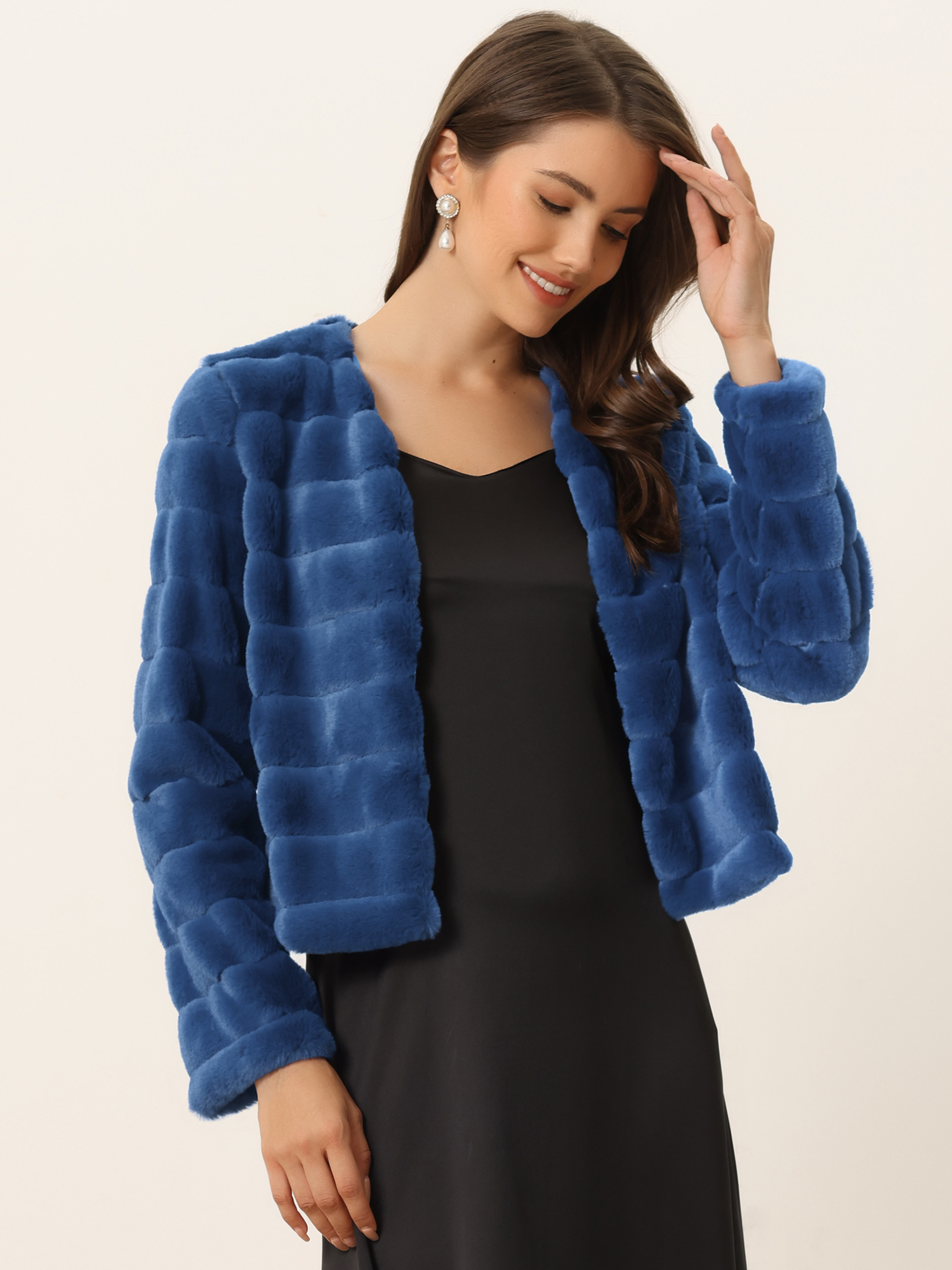Winter Warm Cropped Jacket Collarless Faux Fur Fluffy Coat Royal Blue/S