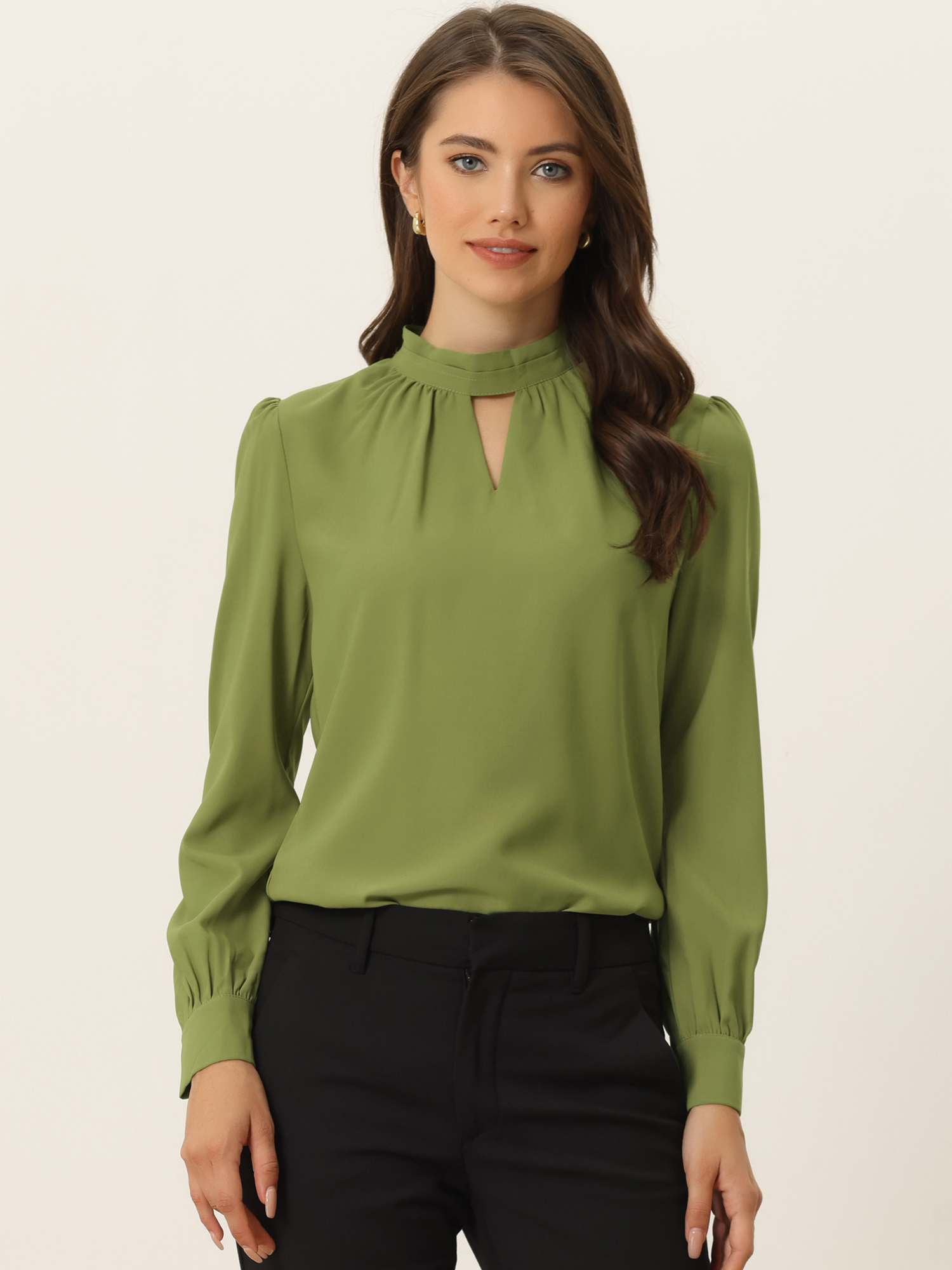 Keyhole Elegant Stand Collar Long Sleeve Chiffon Office Blouse Avocado Green/M