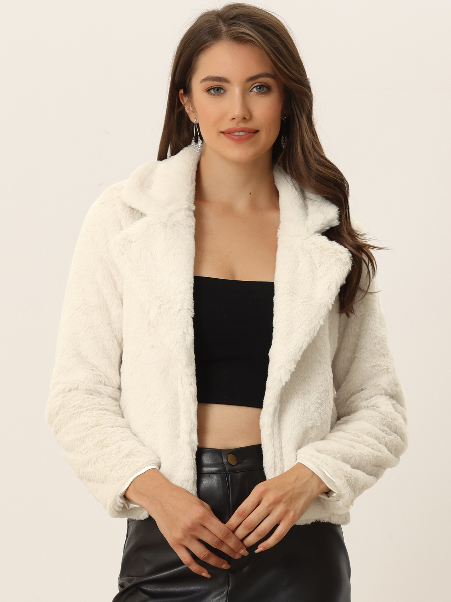 Autumn Winter Cropped Jacket Notch Lapel Faux Fur Fluffy Coat Apricot/M