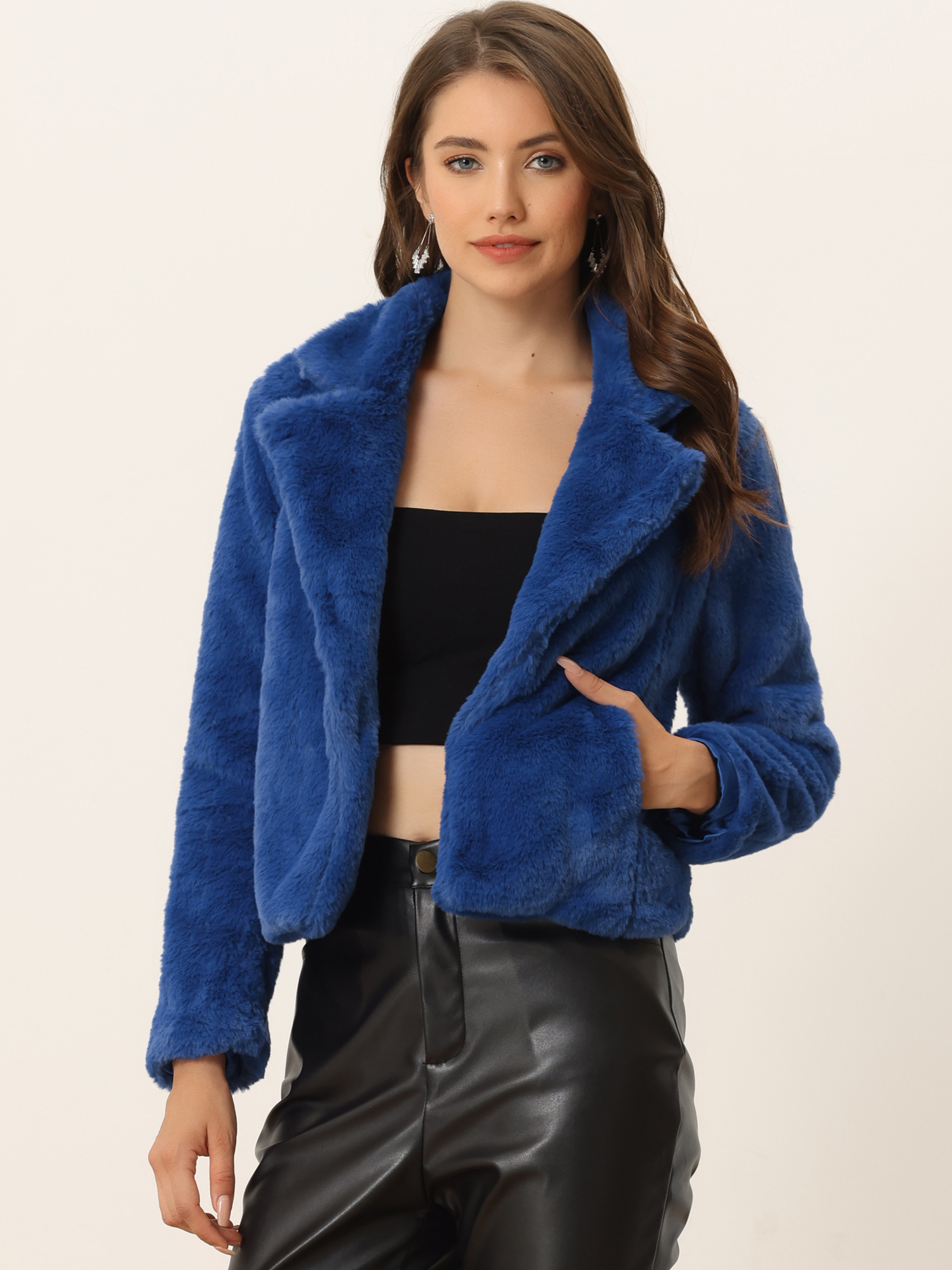 Autumn Winter Cropped Jacket Notch Lapel Faux Fur Fluffy Coat Royal Blue/XL