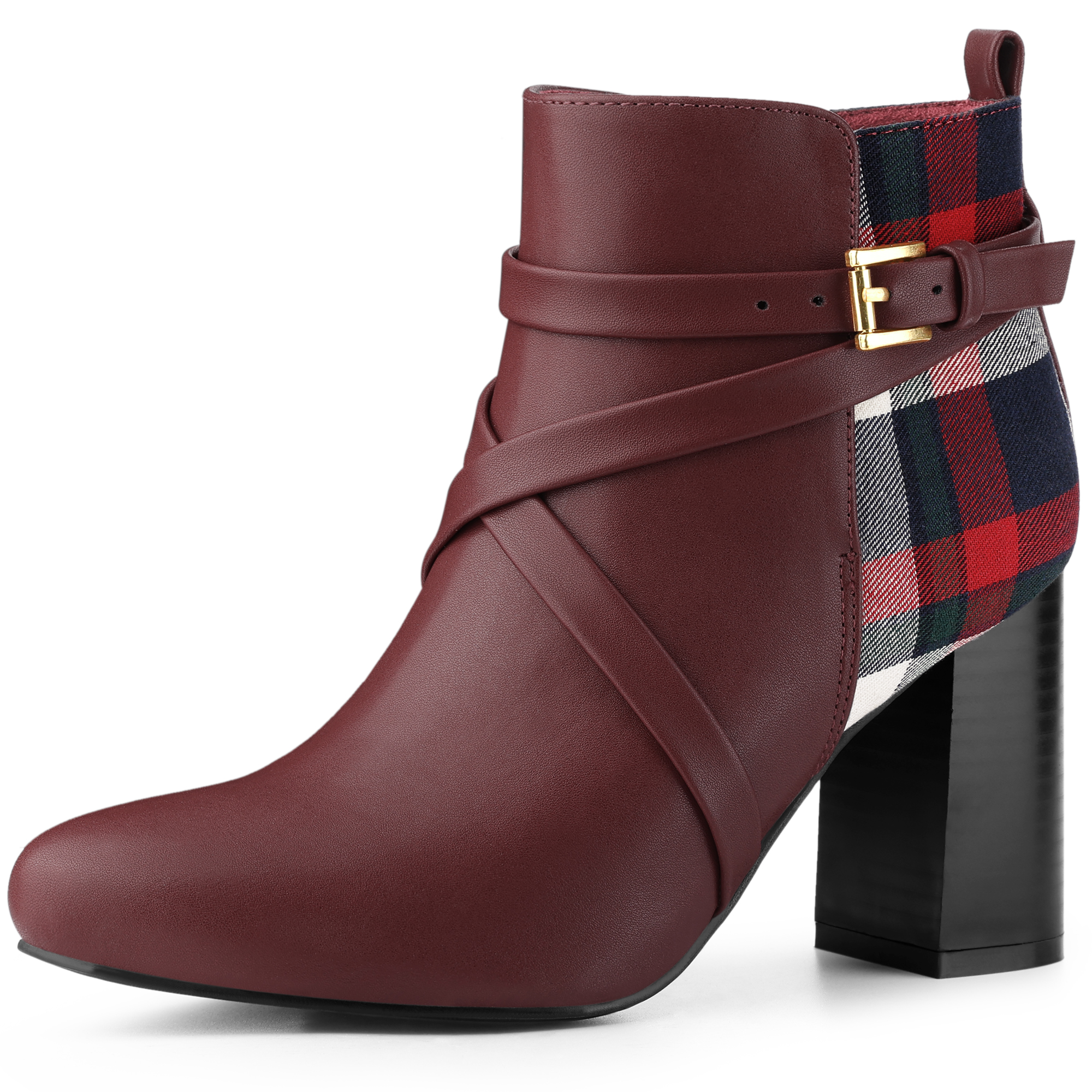 Plaid Pointed Toe Crisscross Strap Block Heel Ankle Boots Burgundy/7