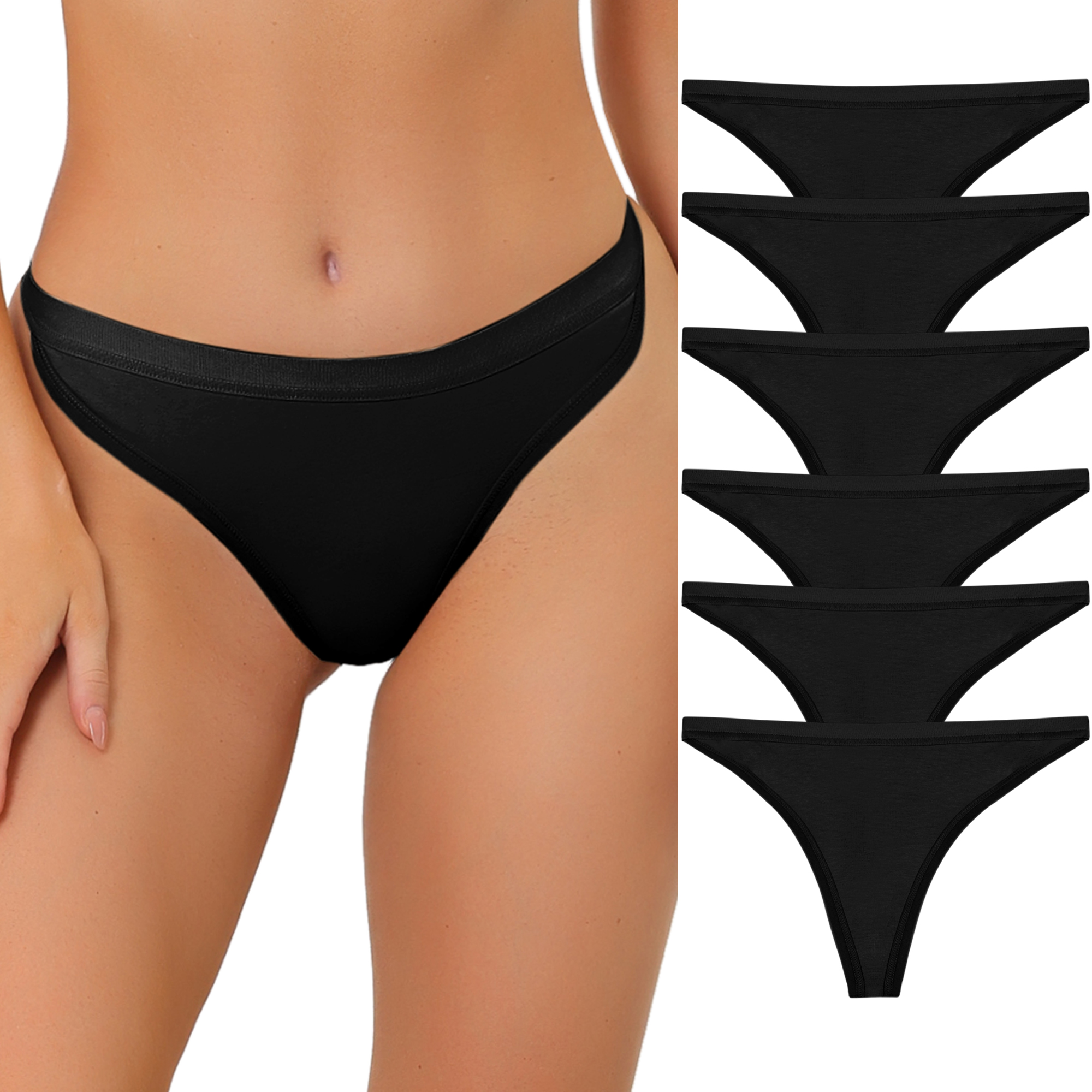 Thongs for Women Packs G-String Panties Breathable Hi-Cut Tangas Underwear 6 Black/M