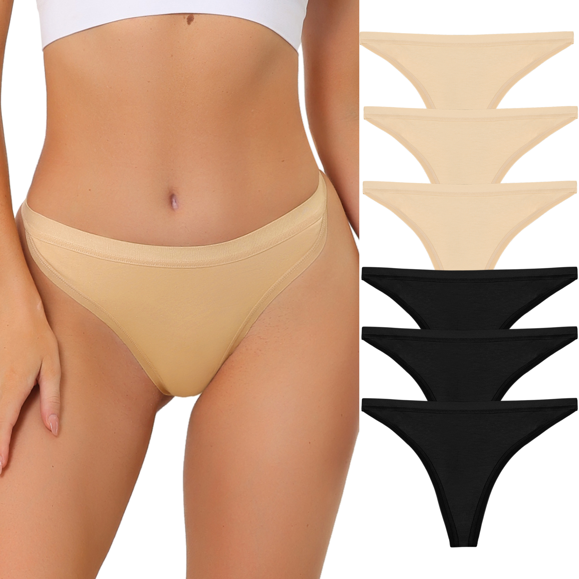 Thongs for Women Packs G-String Panties Breathable Hi-Cut Tangas Underwear 3 Beige/3 Black/XL