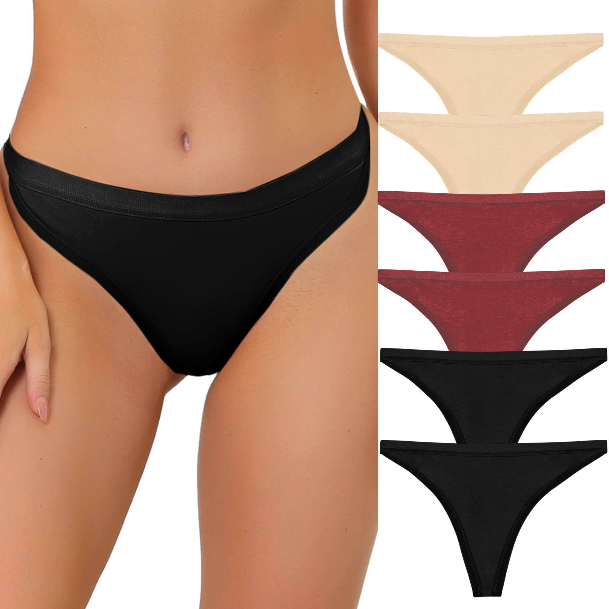 Thongs for Women Packs G-String Panties Breathable Hi-Cut Tangas Underwear 2 Beige/2 Red/2 Black/XL