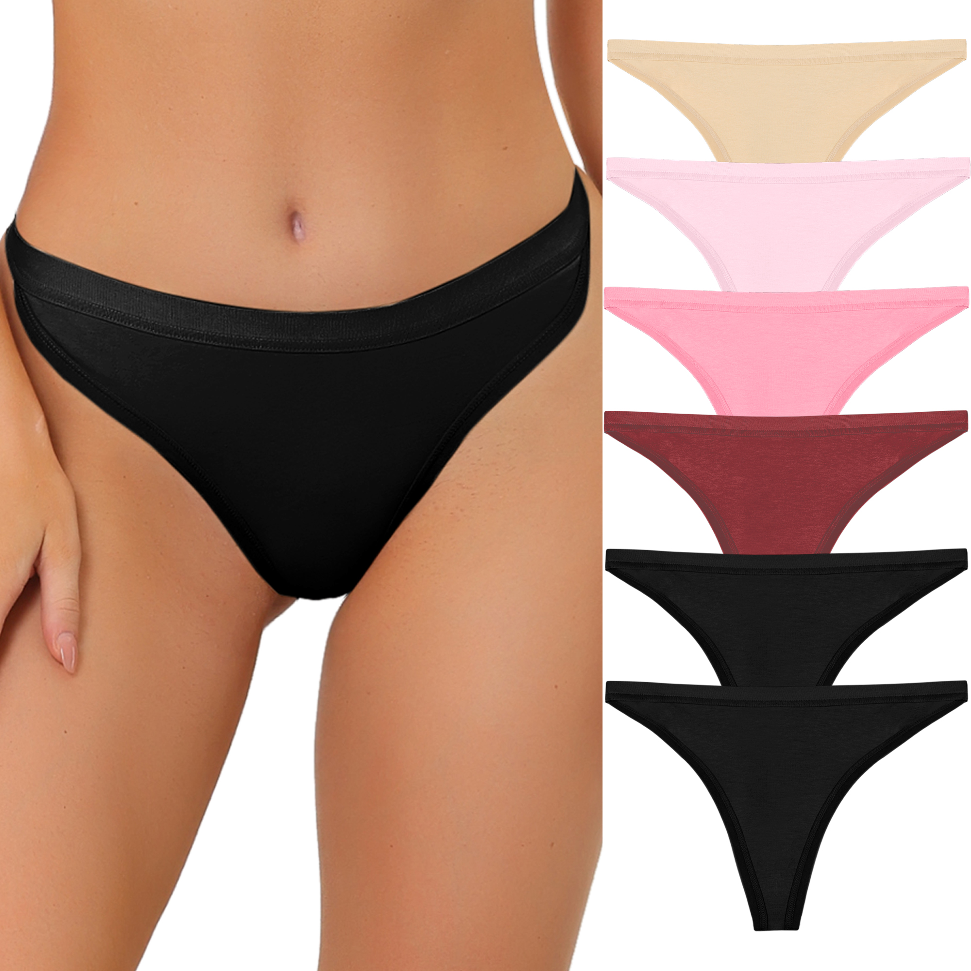 Thongs for Women Packs G-String Panties Breathable Hi-Cut Tangas Underwear Light Pink/Hot Pink/Beige/Red/2 Black/M