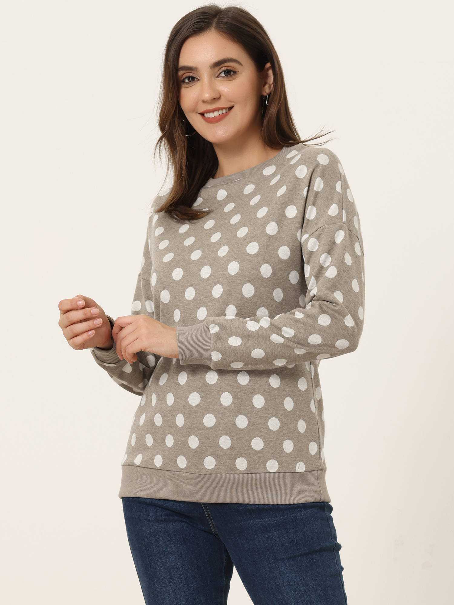 Round Neck Long Sleeve Polka Dot Pullover Sweatshirt Apricot/XS