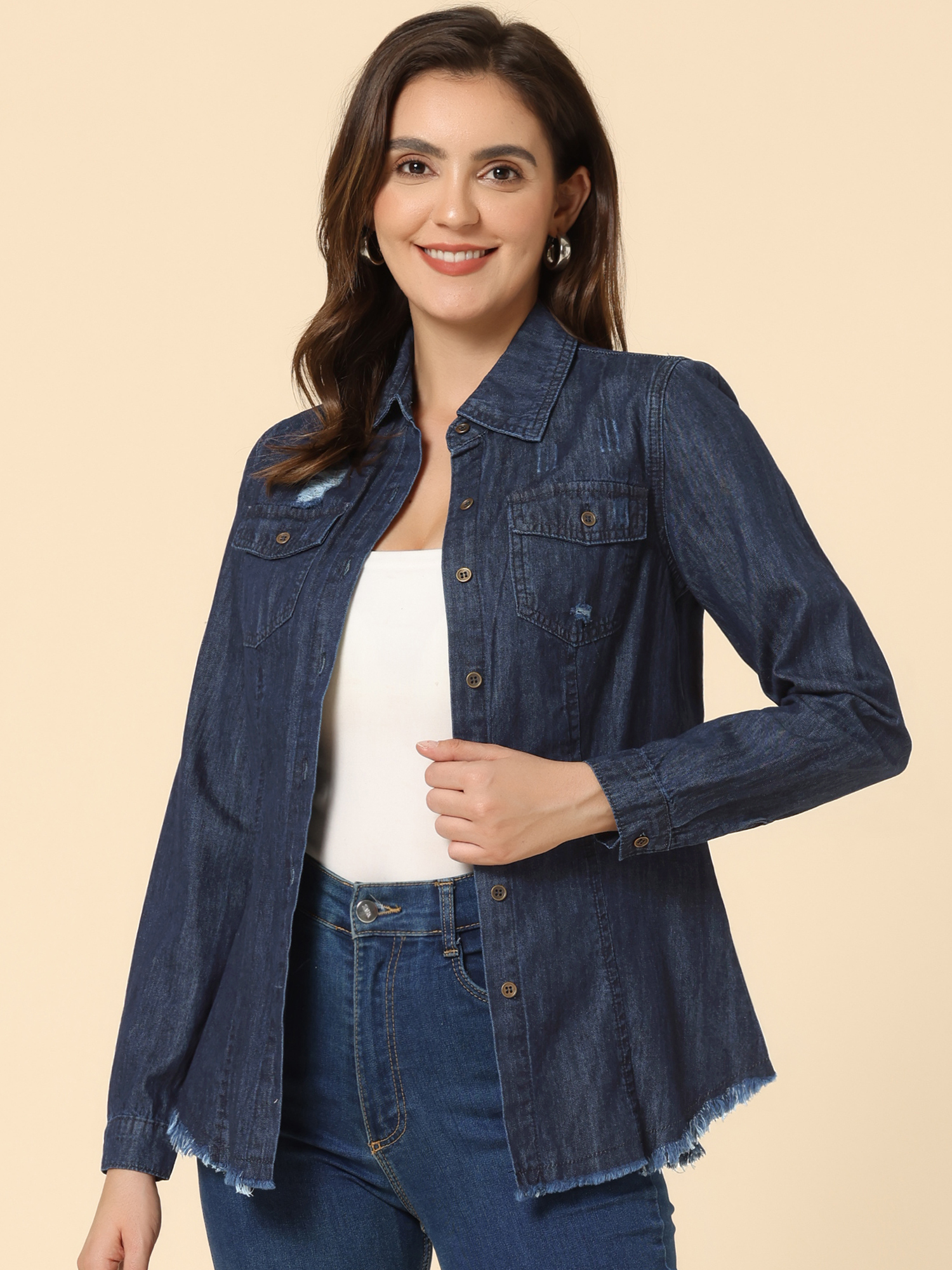 Jeans Blouse Long Sleeve Button Down Distressed Frayed Denim Shirt Dark Blue/XL