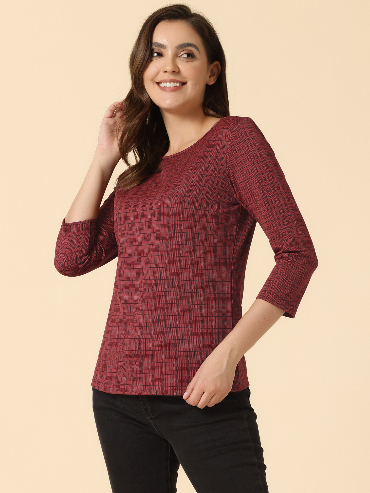 Office 3/4 Sleeve Boat Neck Houndstooth Printed Top Blouse Red Plaid/M