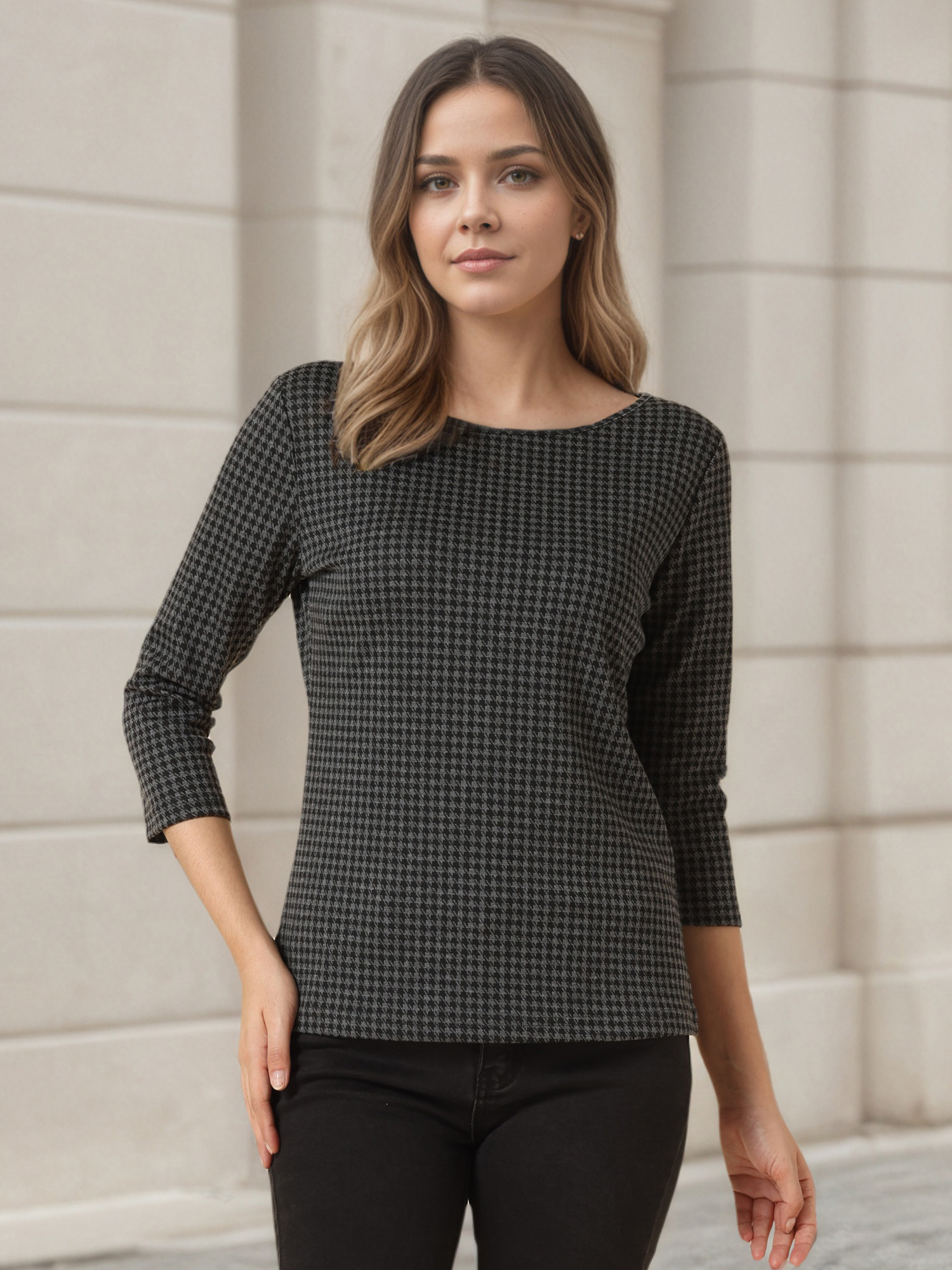 Office 3/4 Sleeve Boat Neck Houndstooth Printed Top Blouse Dark Gray/S