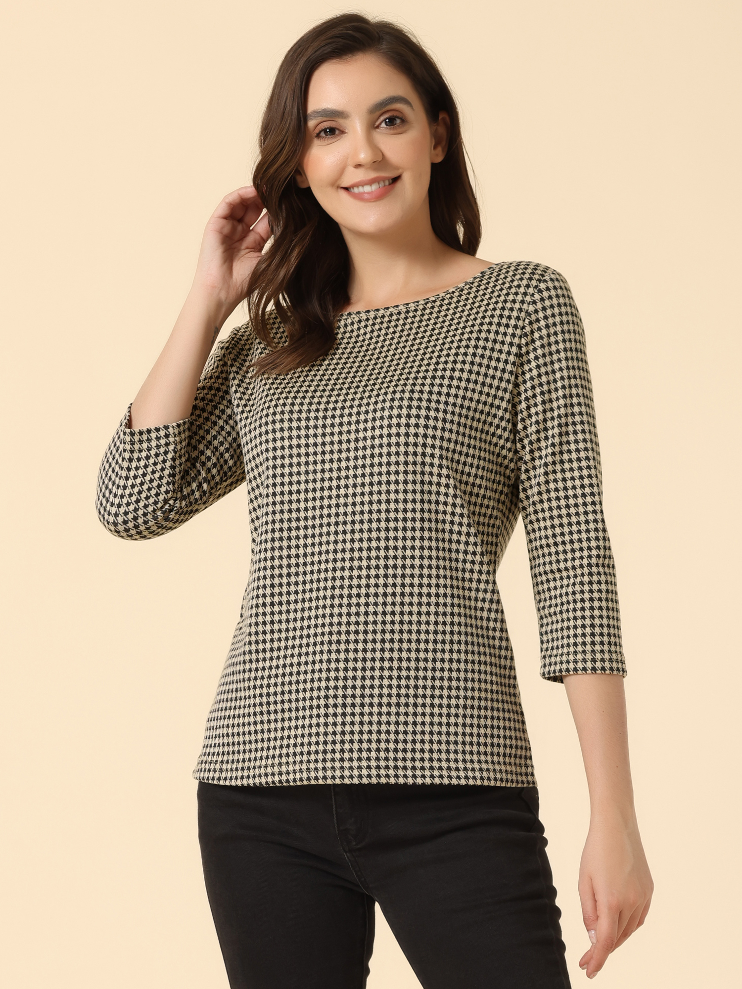 Office 3/4 Sleeve Boat Neck Houndstooth Printed Top Blouse Black Khaki/S