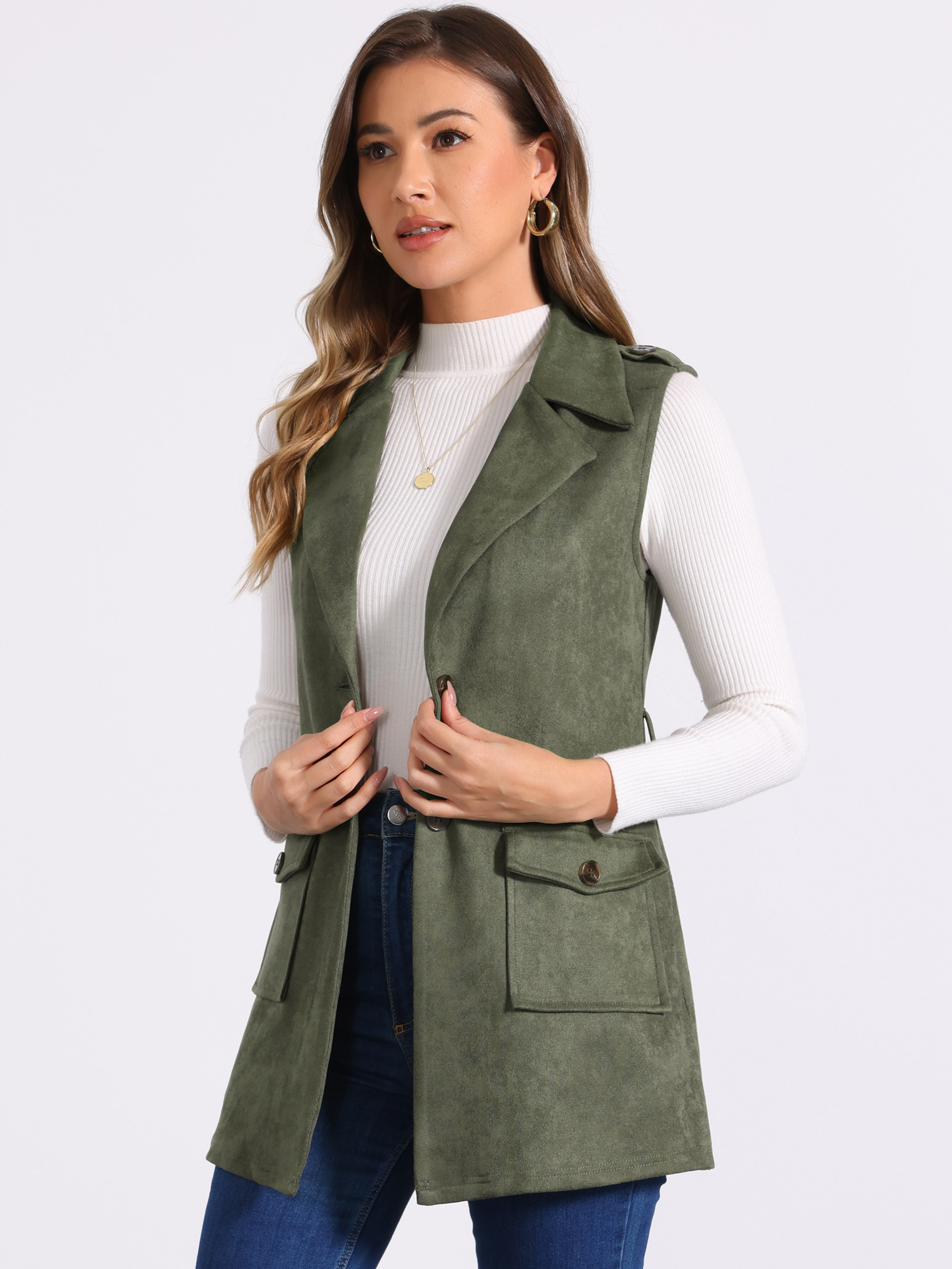 Lapel Single Breasted Tie Belt Work Sleeveless Suede Vest Jacket Army Green/XL