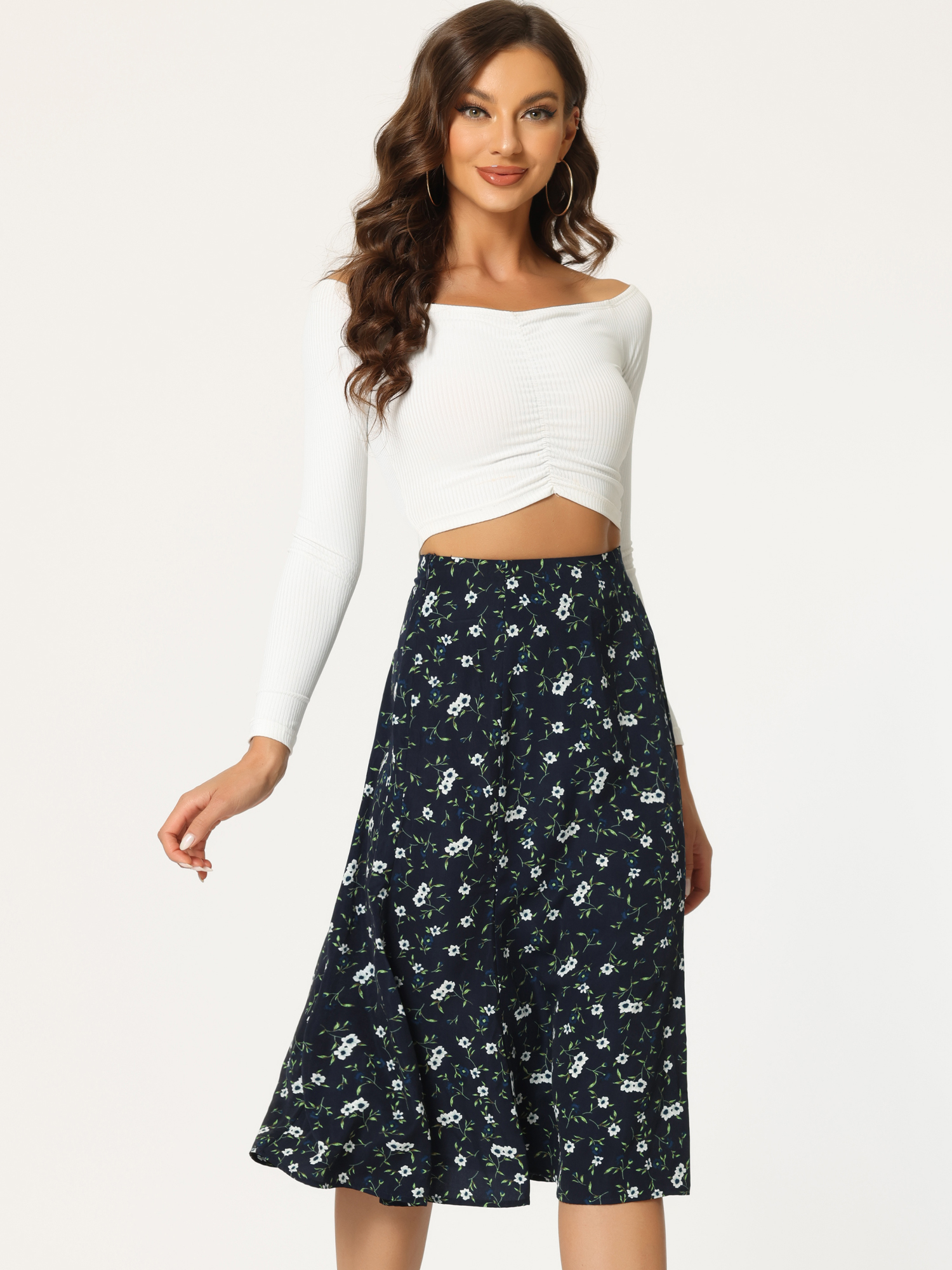 Floral Midi Peasant Elastic Waist A-Line Skirt Blue White/XS