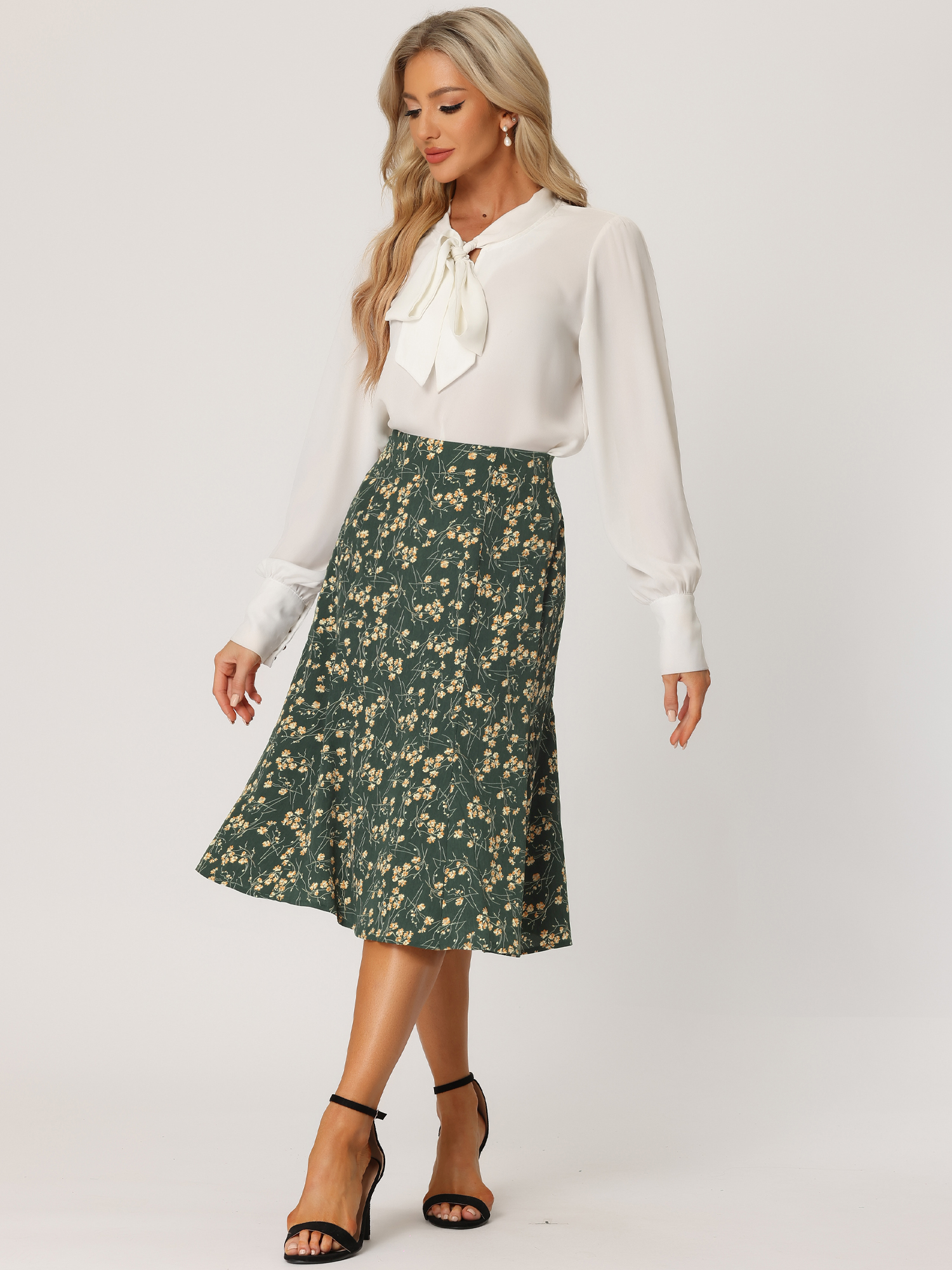 Floral Midi Peasant Elastic Waist A-Line Skirt Dark Green/XS