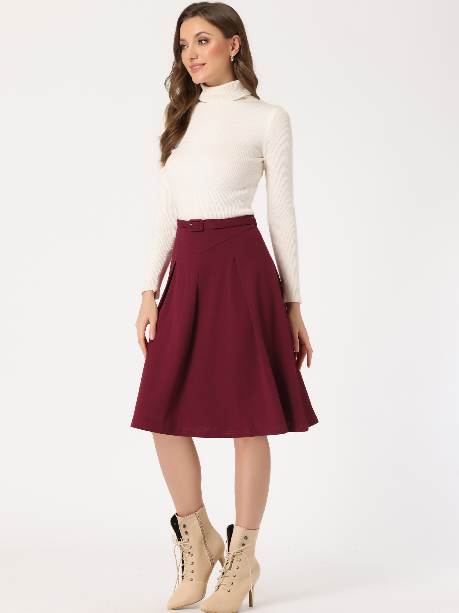 Women's A-Line Belted Waist Casual Midi Flare Pleated Skirt Dark Red/S