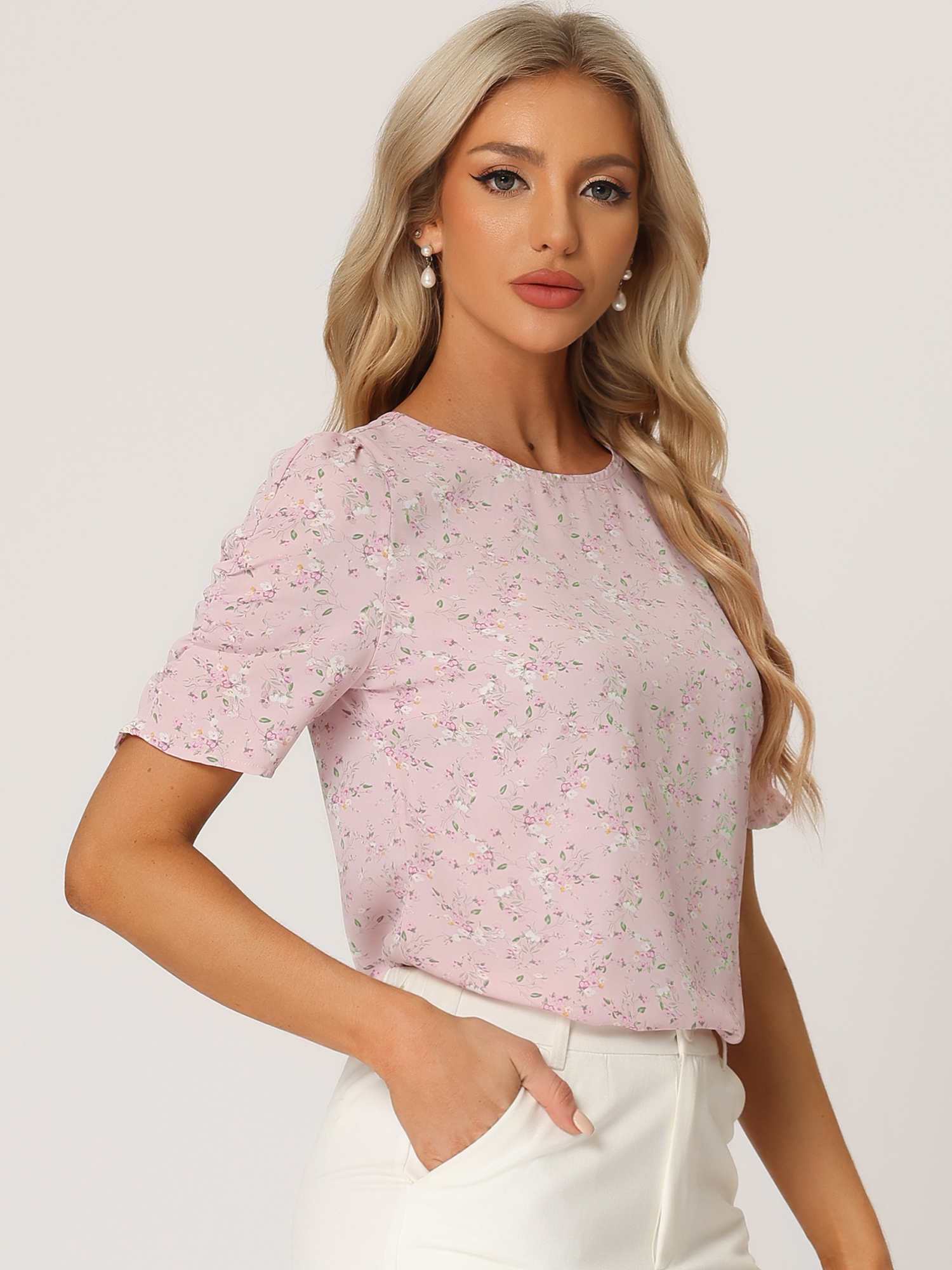 Floral Crew Neck Ruched Sleeve Casual Blouse Pink Floral/M