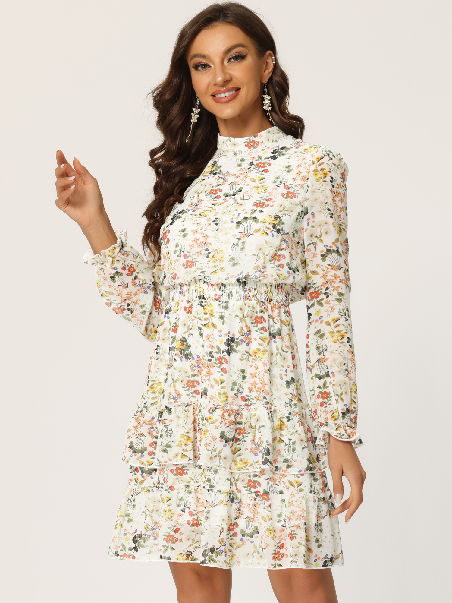 Floral Smocked Waist Sheer Sleeve Ruffle Layers Chiffon Dress White/S
