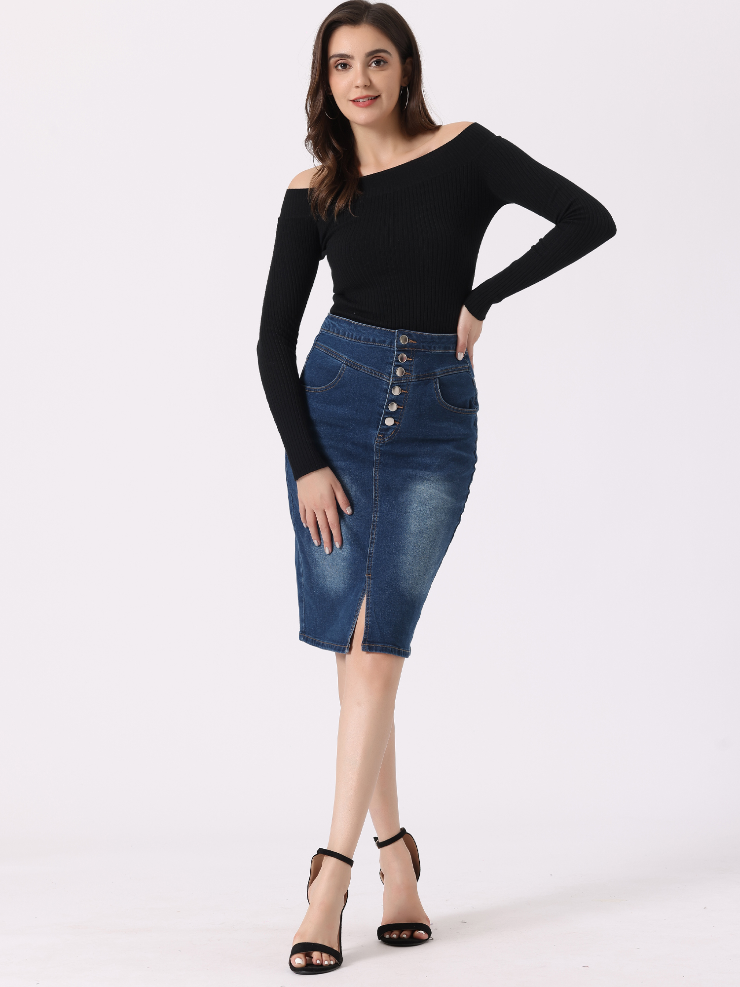 Denim Pencil Button High Waist Split Hem Casual Midi Jean Skirts Dark Blue/L