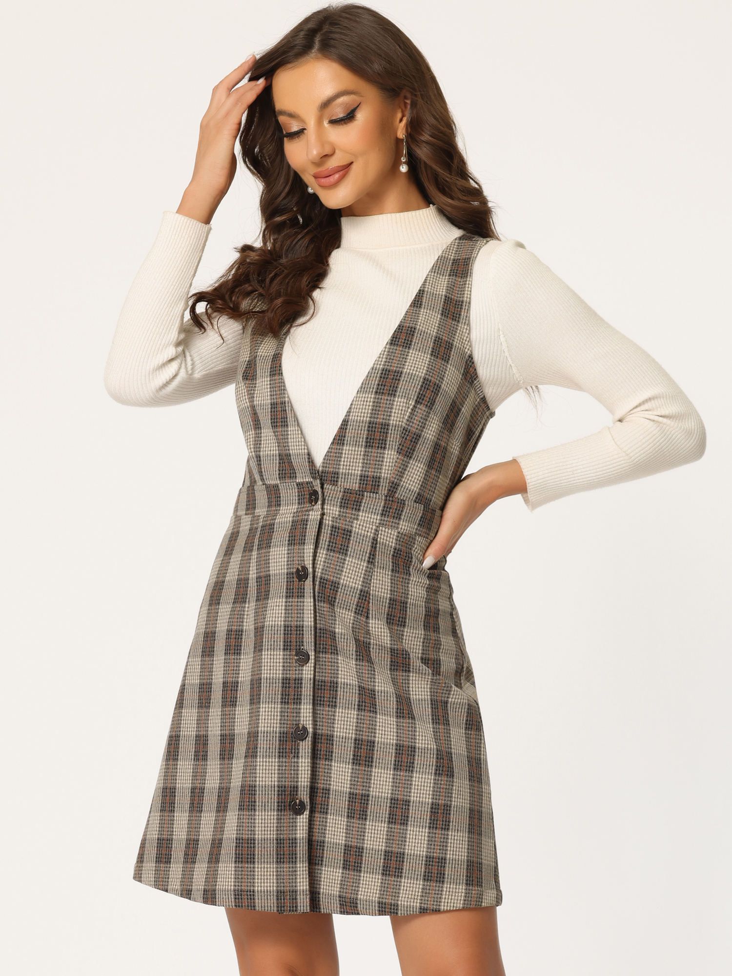 Overalls Suspenders V Neck Plaid Houndstooth Pinafore Dress Brown Orange/XS