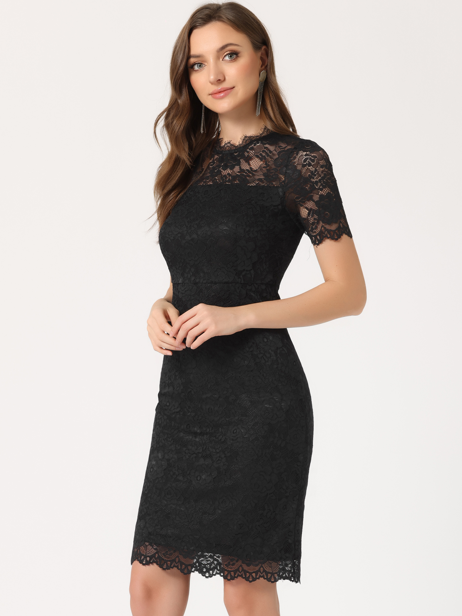 Elegant Floral Lace Crew Neck Short Sleeve Cocktail Party Dress Black/S