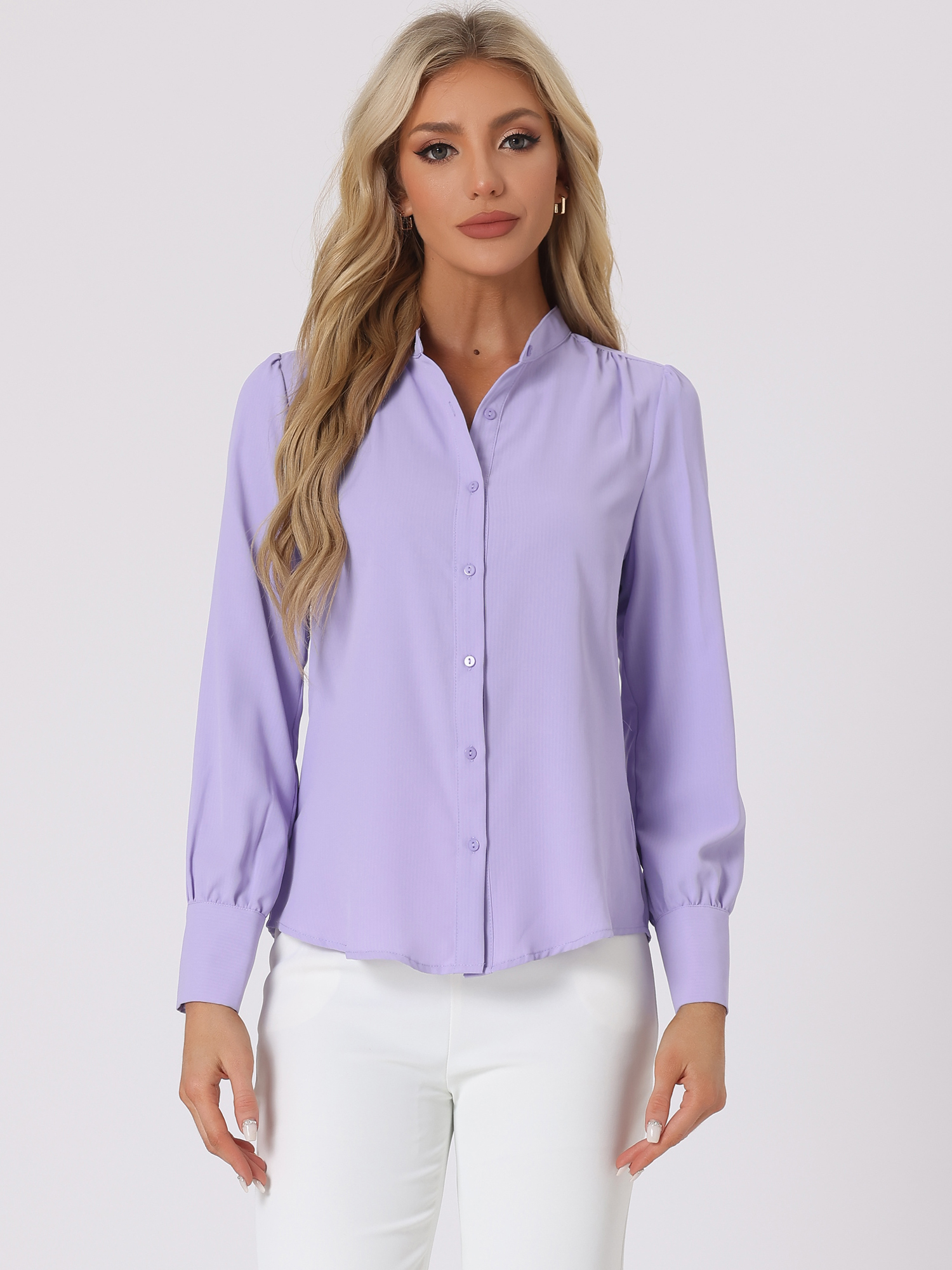 Mandarin Collar Long Sleeve Button Down Office Shirt Purple/XS