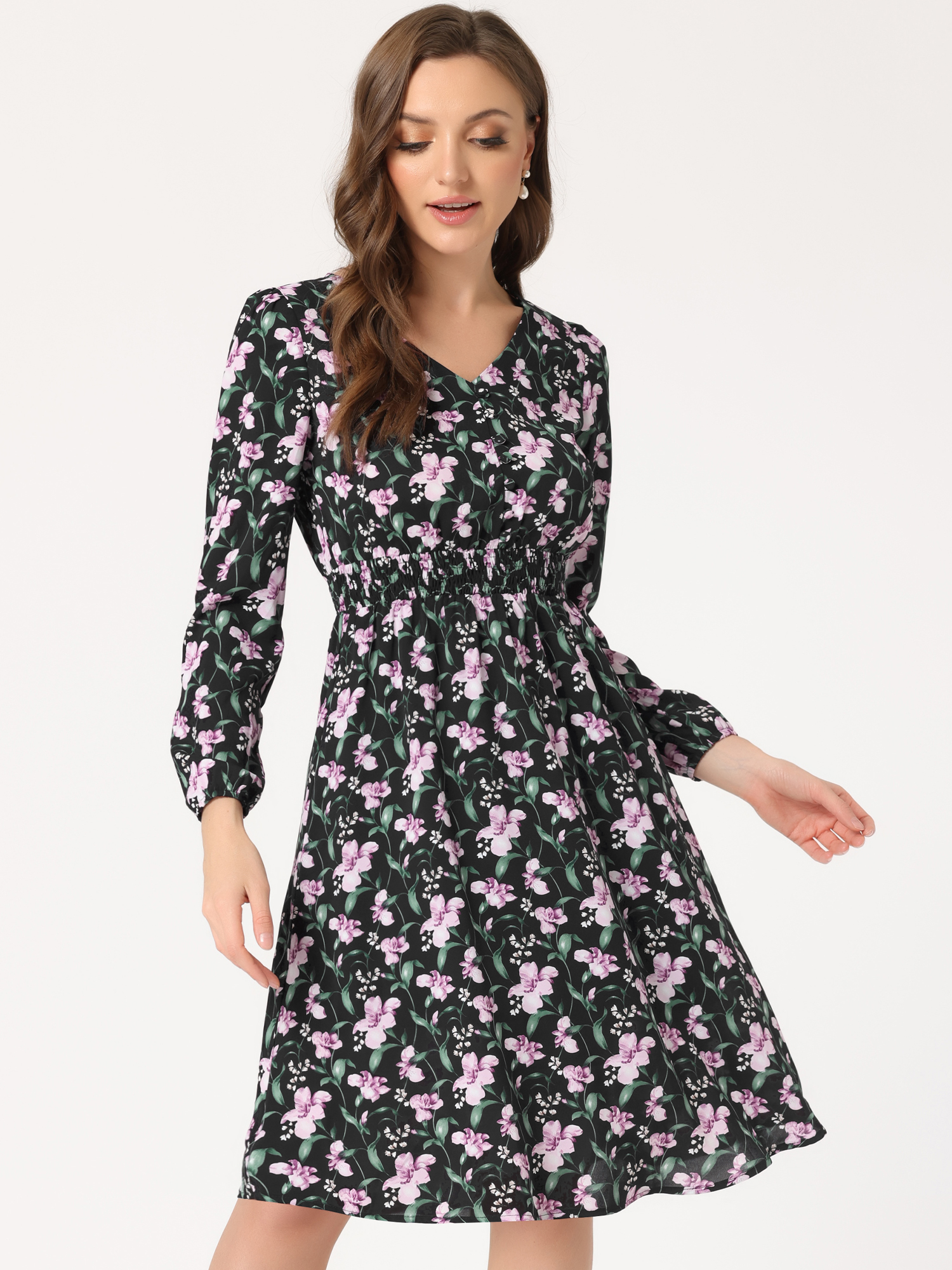 Floral Print V-Neck Long Sleeve Smocked Waist Midi Dress Blacks/XS