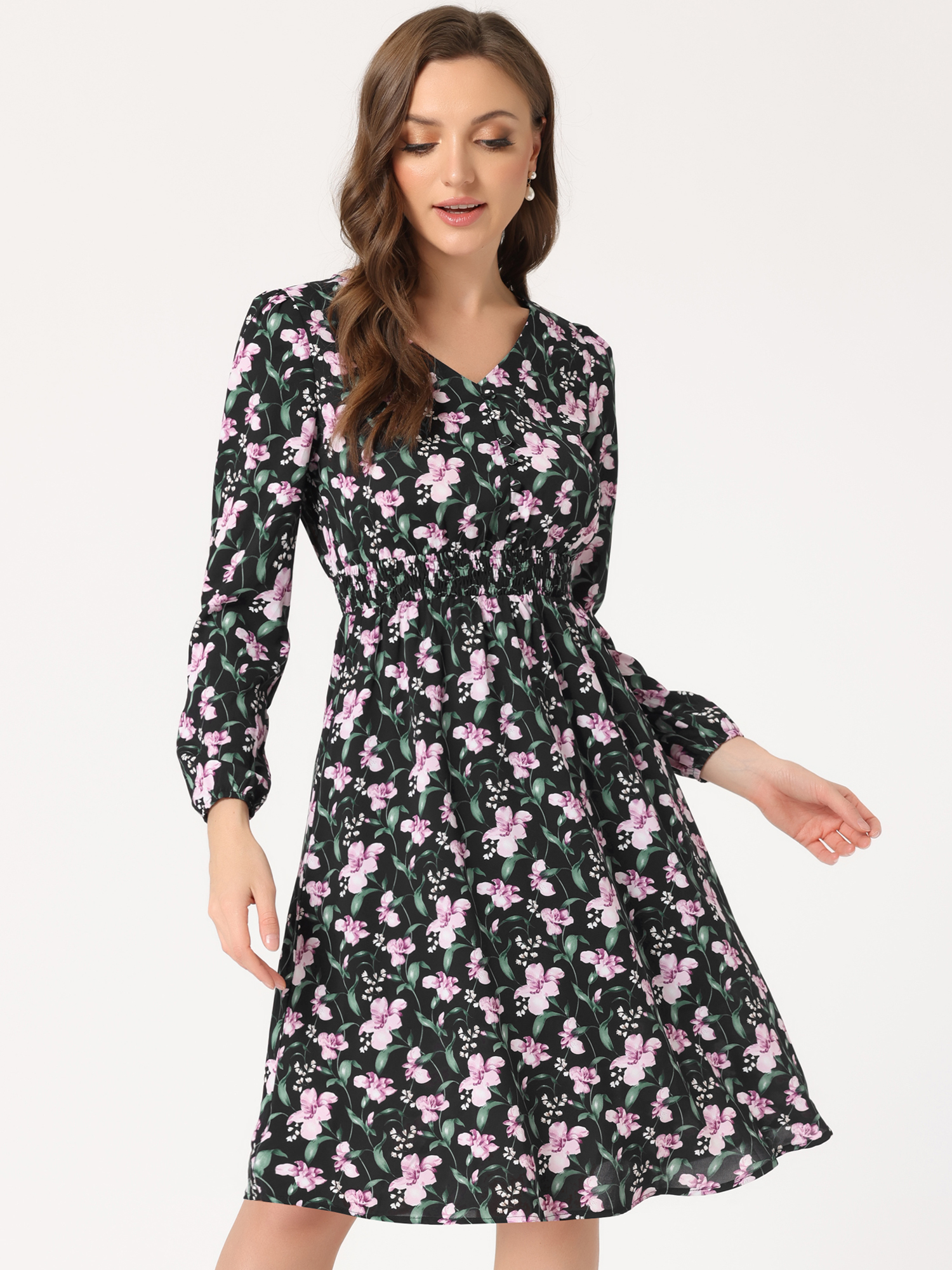 Floral Print V-Neck Long Sleeve Smocked Waist Midi Dress Blacks/S
