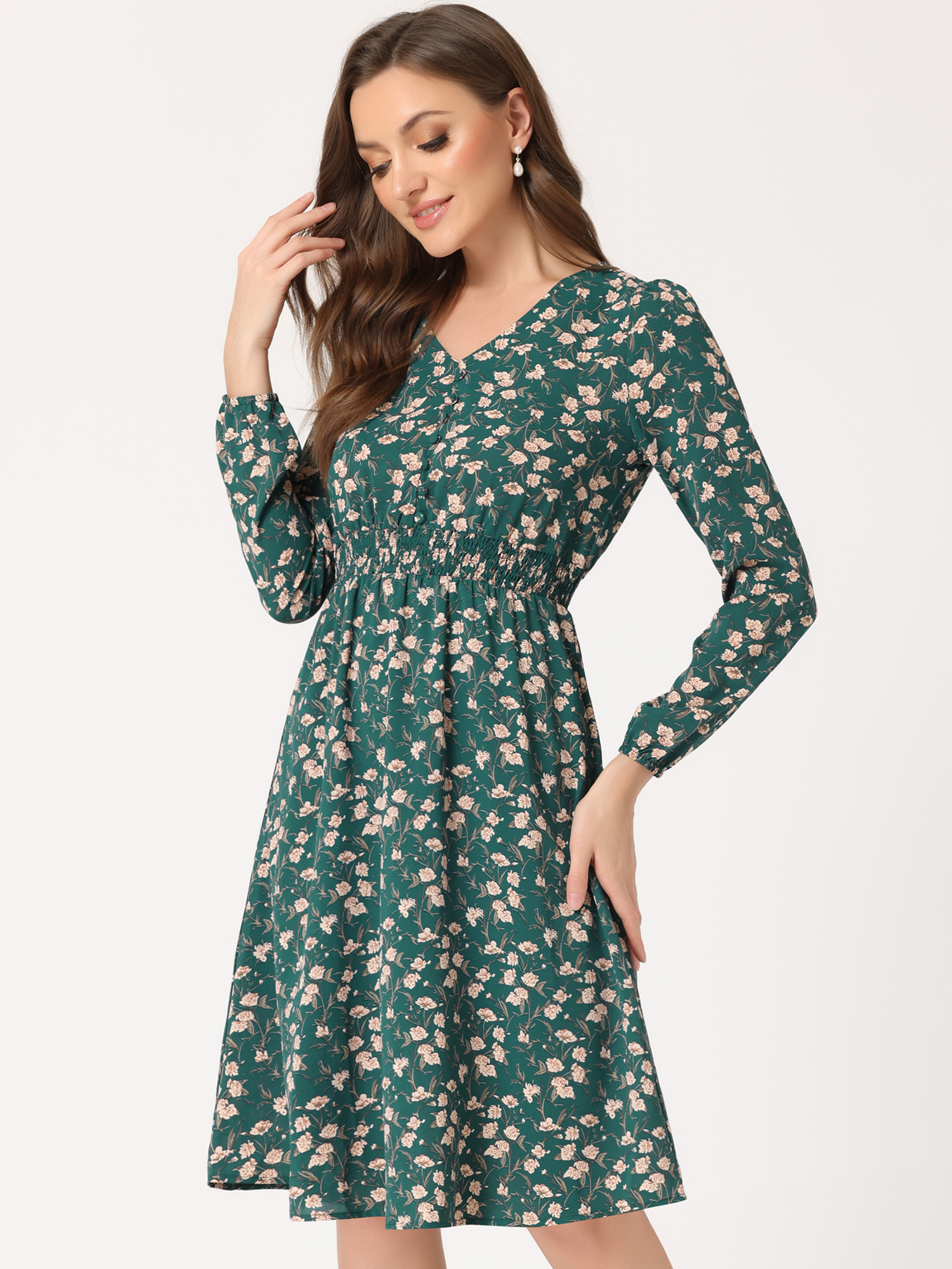Floral Print V-Neck Long Sleeve Smocked Waist Midi Dress Teal/S