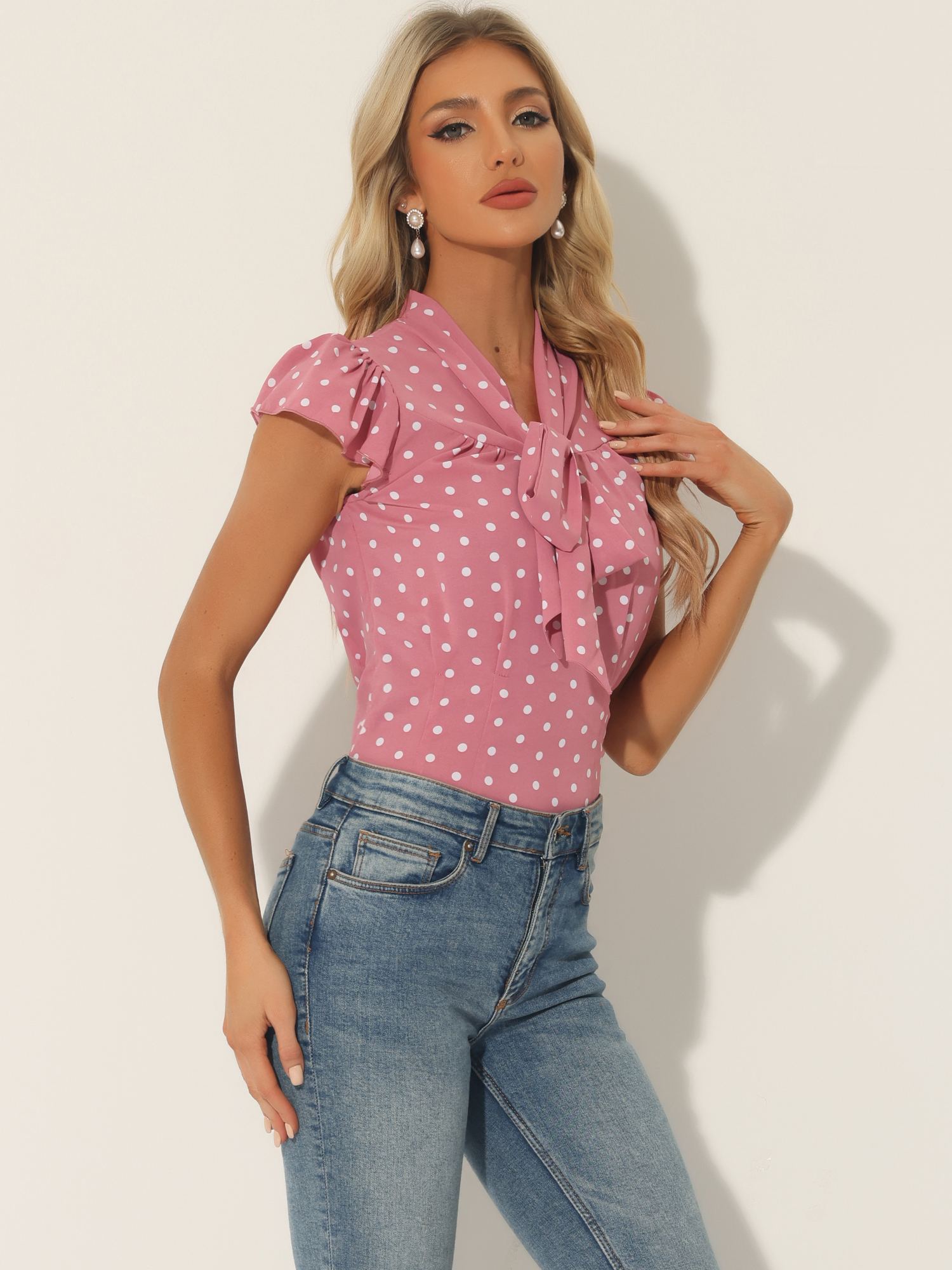 Summer Polka Dots Top Bow Tie V Neck Ruffled Cap Sleeve Office Blouse Pink/M
