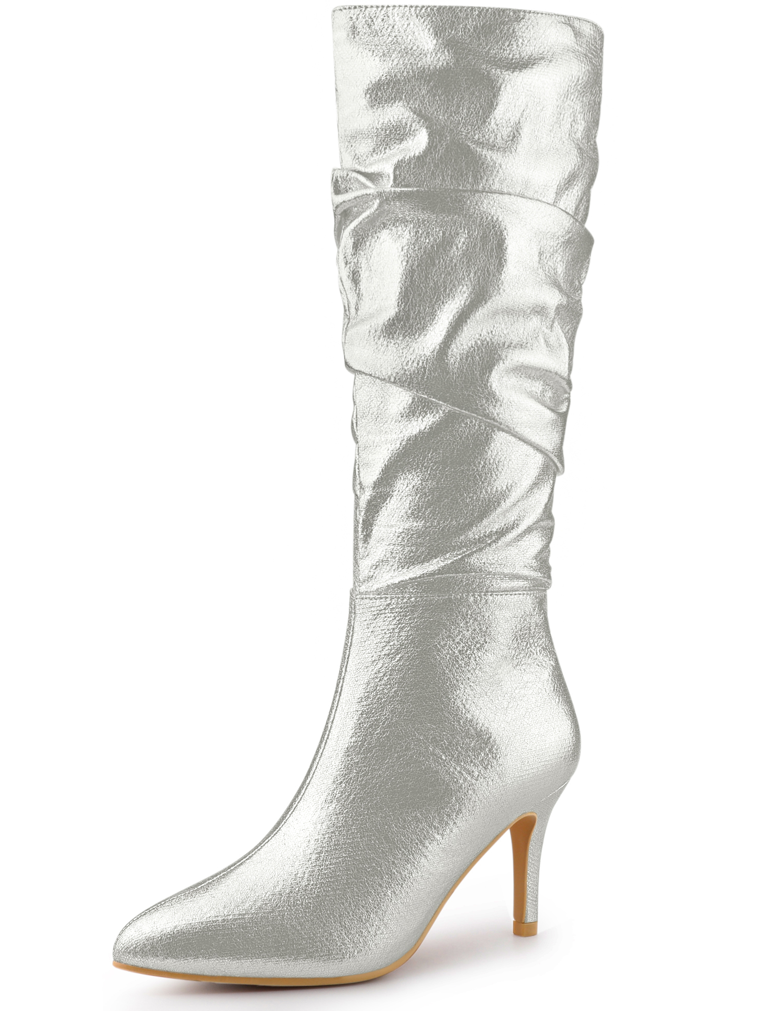 Slouchy Pointed Toe Stiletto High Heel Knee High Boots Silver/8