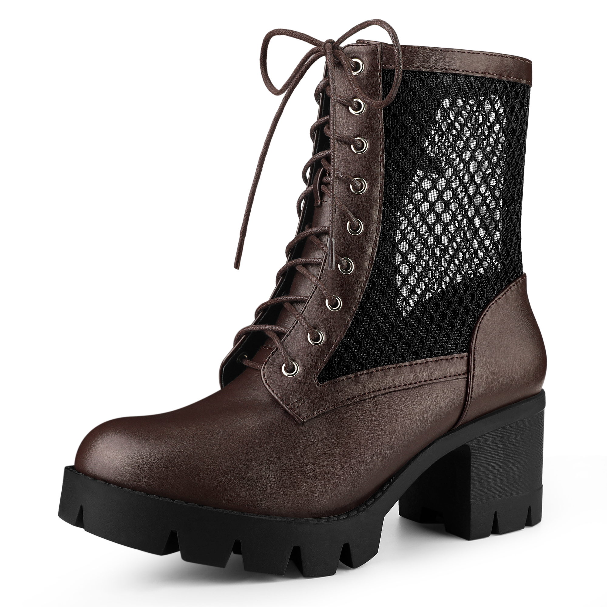 Platform Silver Chain Decor Chunky Heel Combat Boots Coffee/8.5