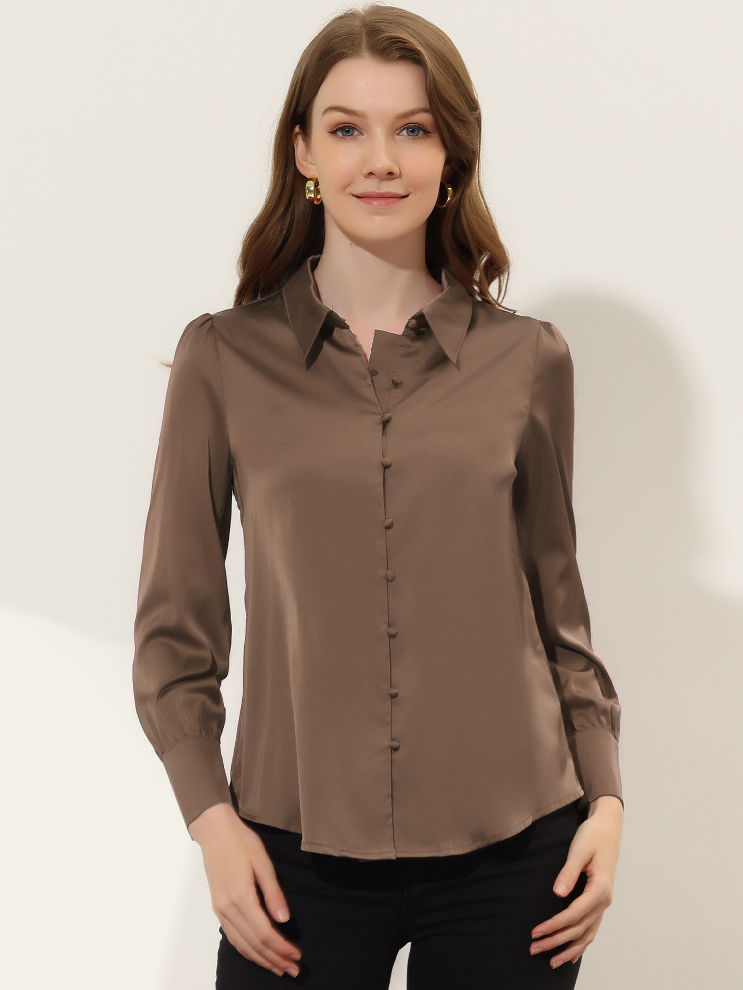 Satin Puff Sleeve Point Collar Vintage Button Up Blouse Light Brown/S