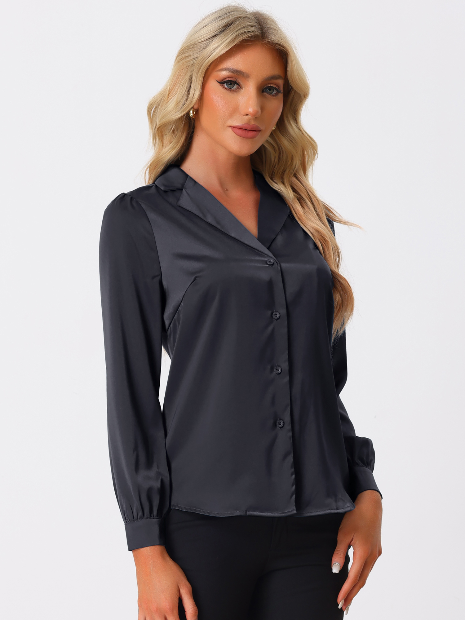 Elegant Collar Blouse Long Sleeve Work Office Satin Button Down Shirt Black Blue/S