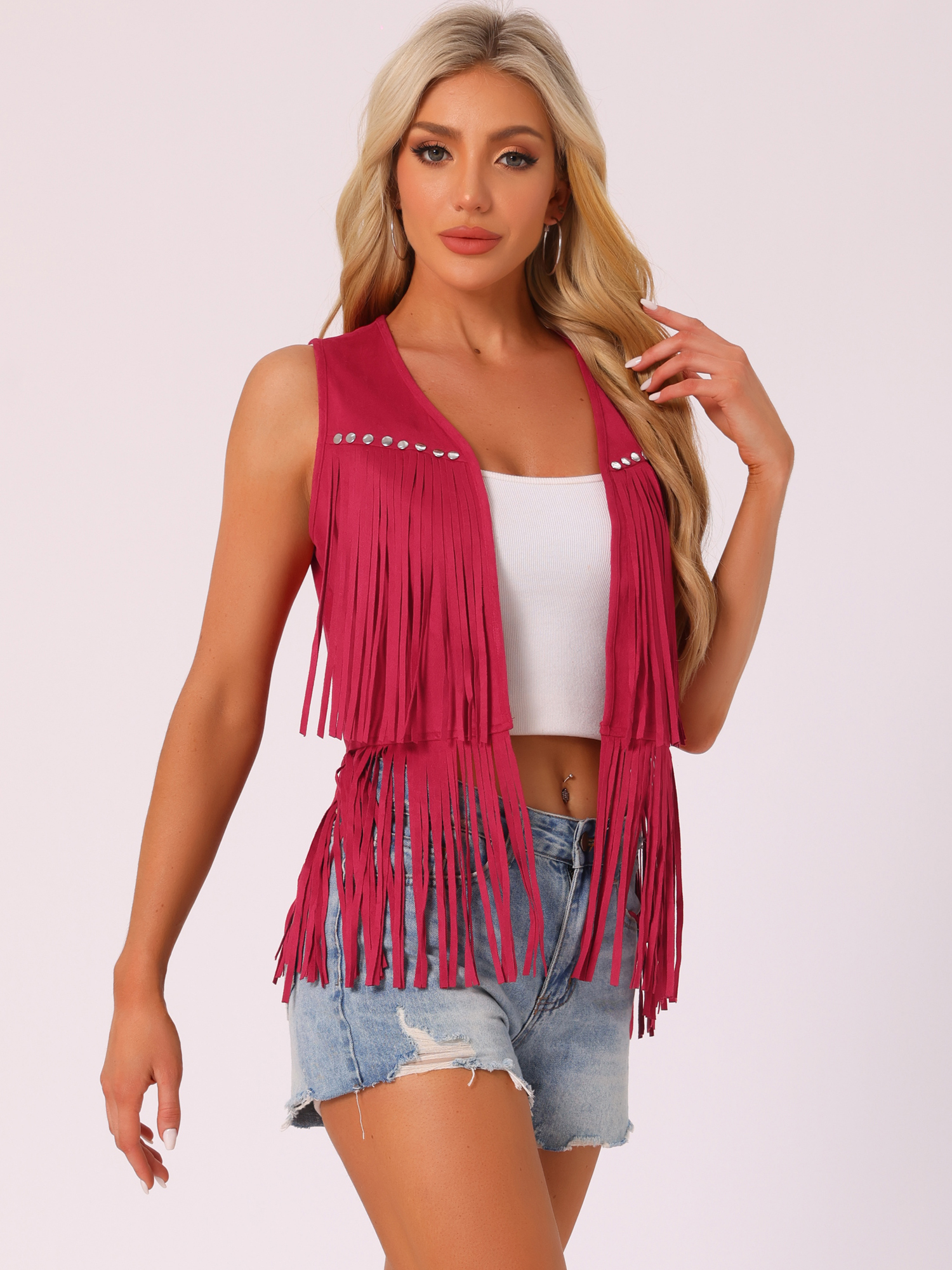 Fringe Open Front 70s Outfits Faux Suede Tassel Vest Red/S
