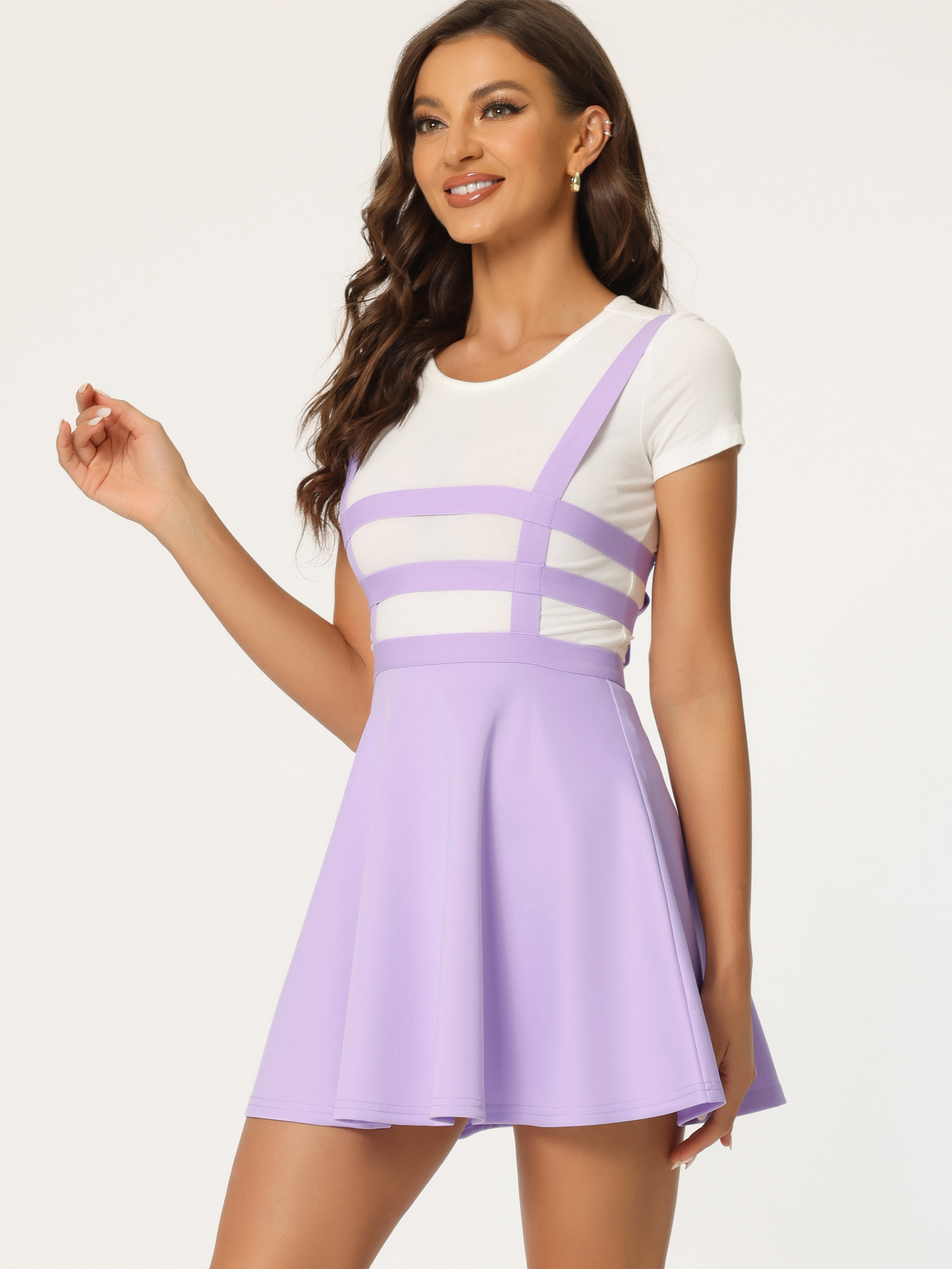 Pleated Overall A-Line Elastic Waist Kawaii Braces Suspender Skirt Light Purple/M