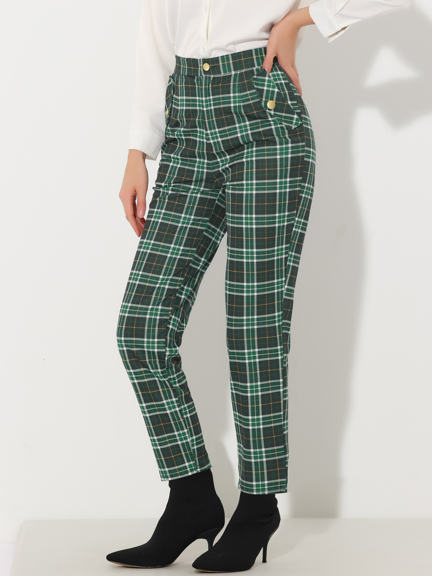 Vintage Tartan Plaid Pants Elastic Waist Straight Long Trousers Green White/S