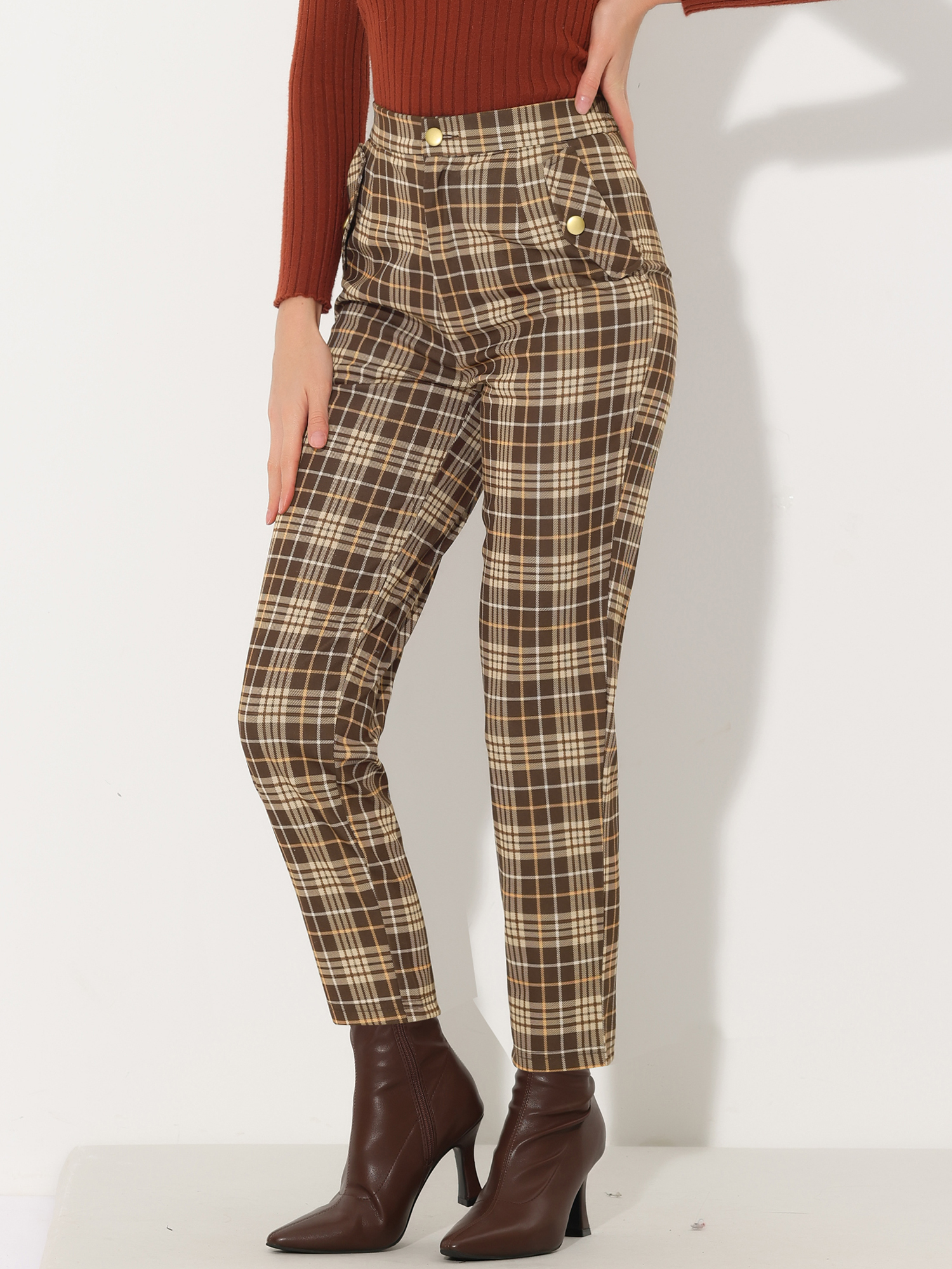 Vintage Tartan Plaid Pants Elastic Waist Straight Long Trousers Brown Beige/S