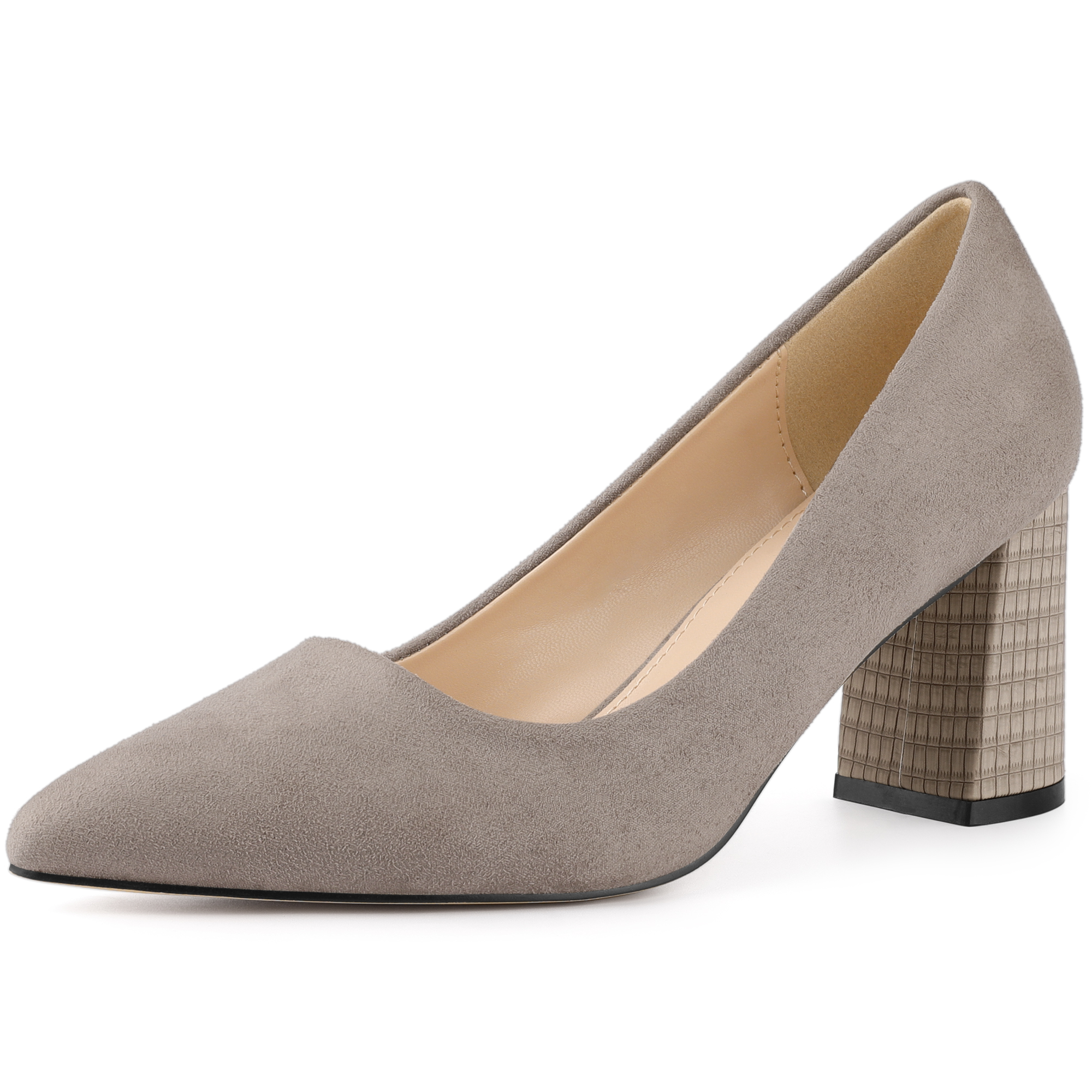 Pointy Toe Slip On Plaid Printing Chunky Heel Pumps Taupe/5