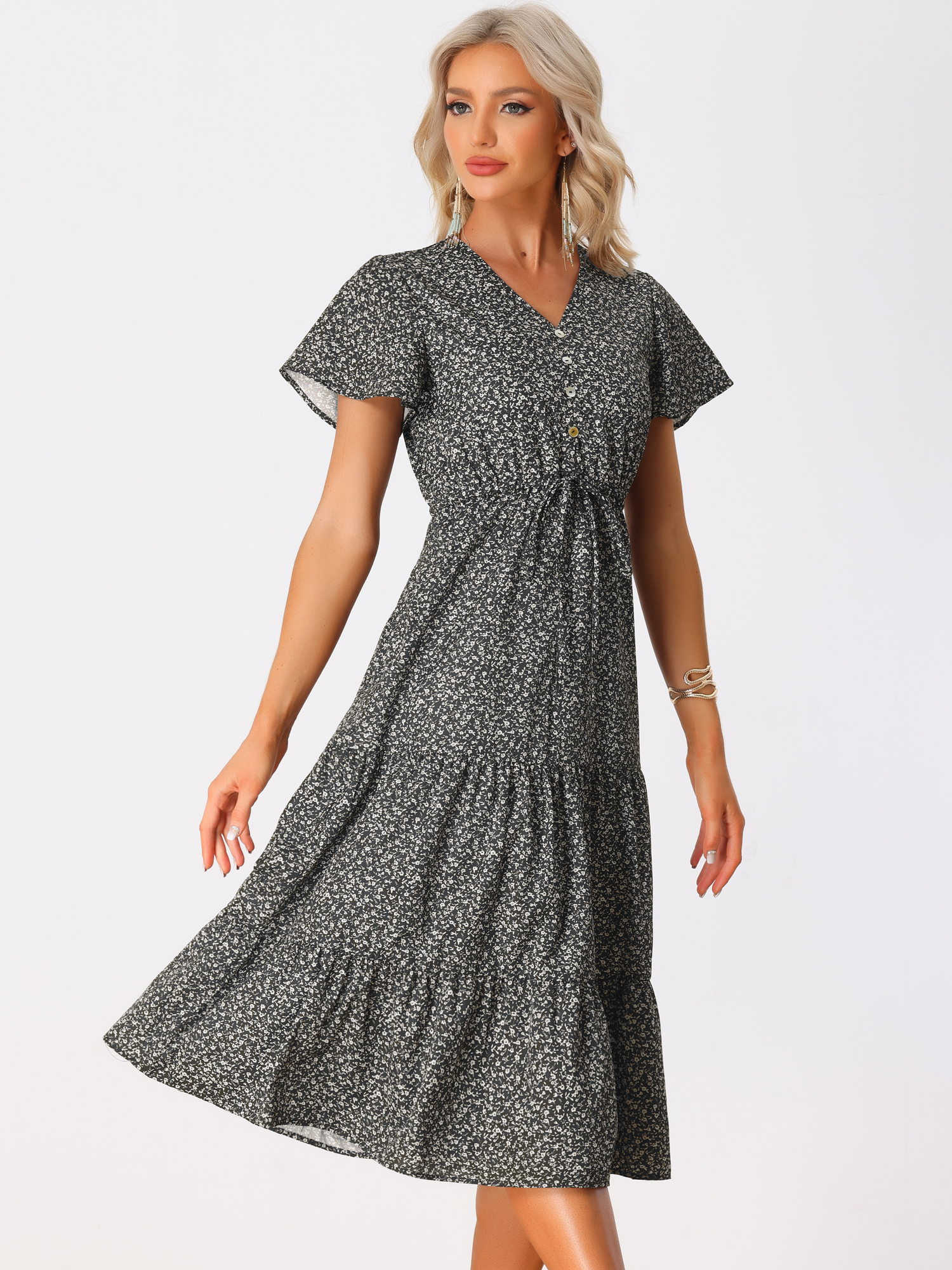 Casual Short Sleeve V Neck Tiered Floral Midi Dress Black/M
