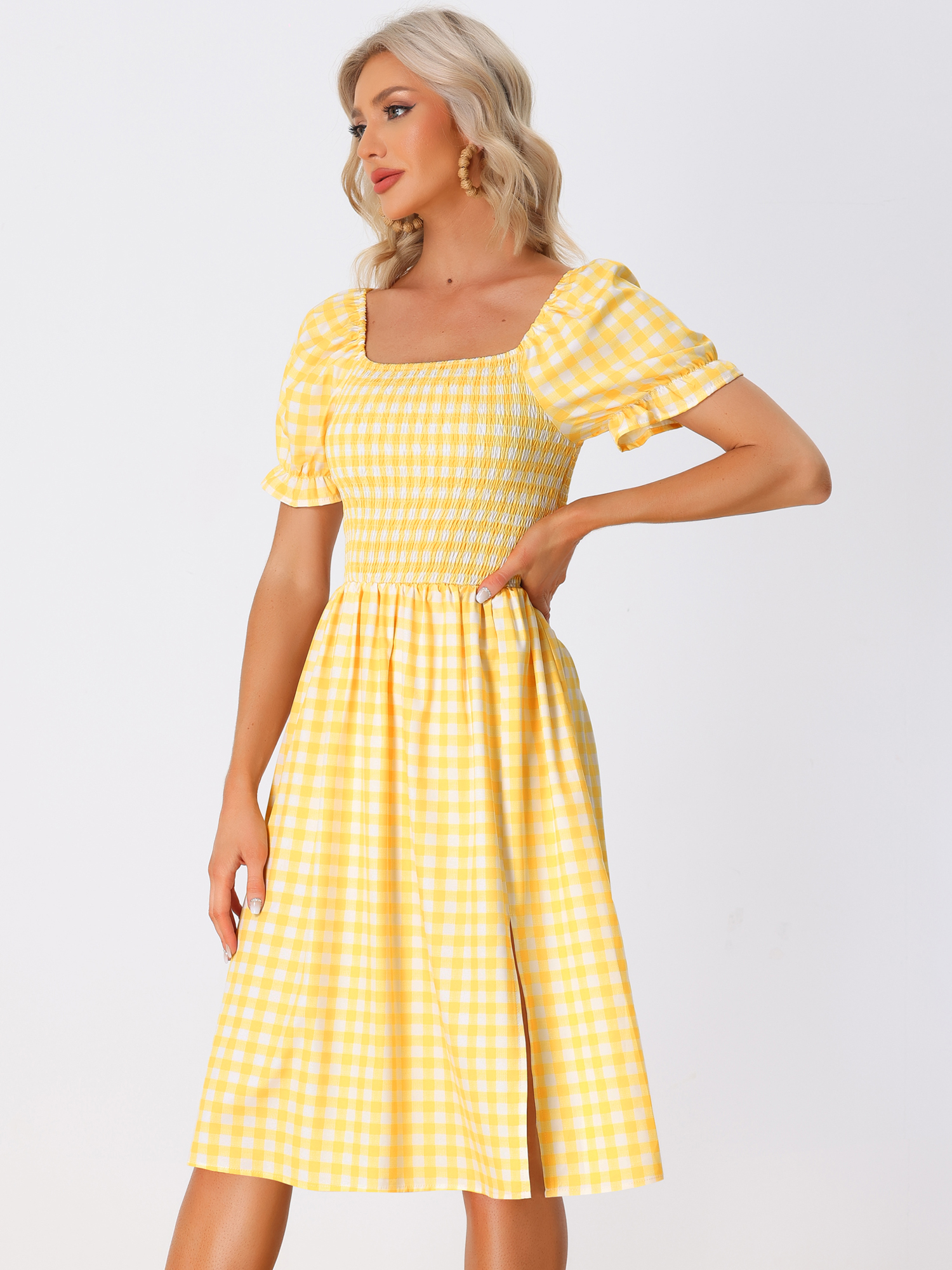 Smocked Gingham Square Neck Puff Sleeve Plaid Slit Midi Dress Yellow/S