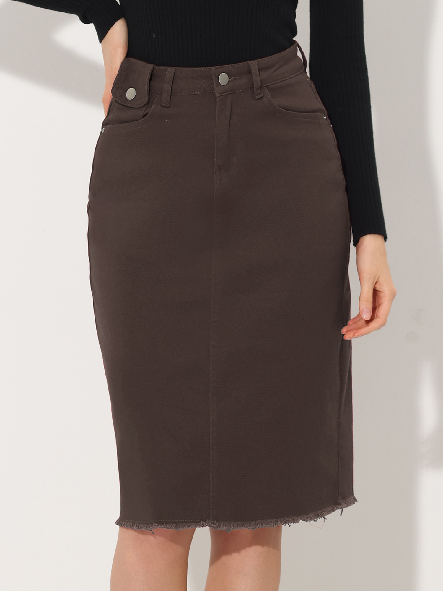 Casual High Waist Back Slit Stretch Denim Midi Jean Skirt Dark Brown/L
