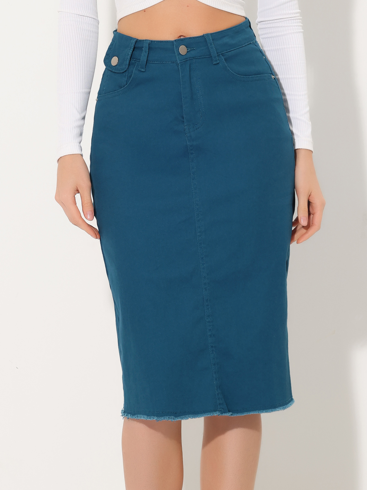 Casual High Waist Back Slit Stretch Denim Midi Skirt Peacock Blue/S