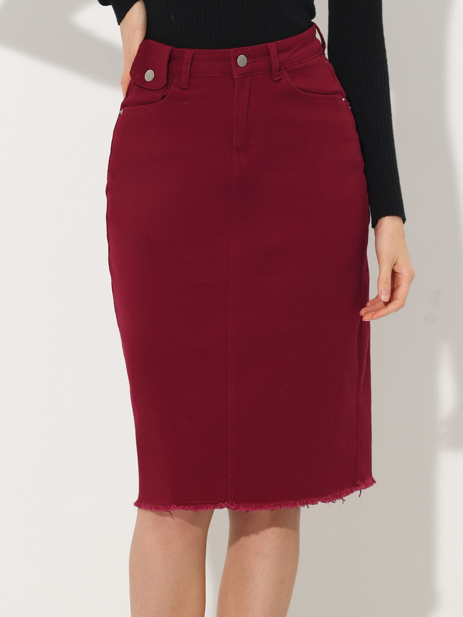 Casual High Waist Back Slit Stretch Denim Midi Jean Skirt Dark Red/XS