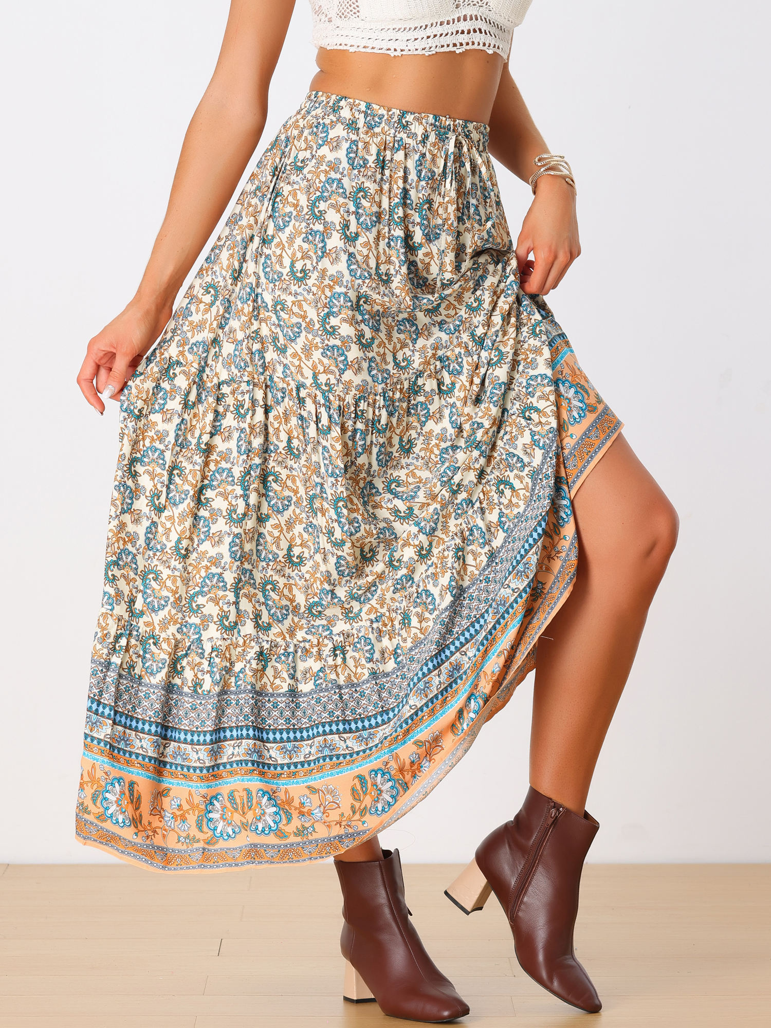 Boho Casual Bohemian Floral Printed Elastic Waist Maxi Skirt Beige/XS