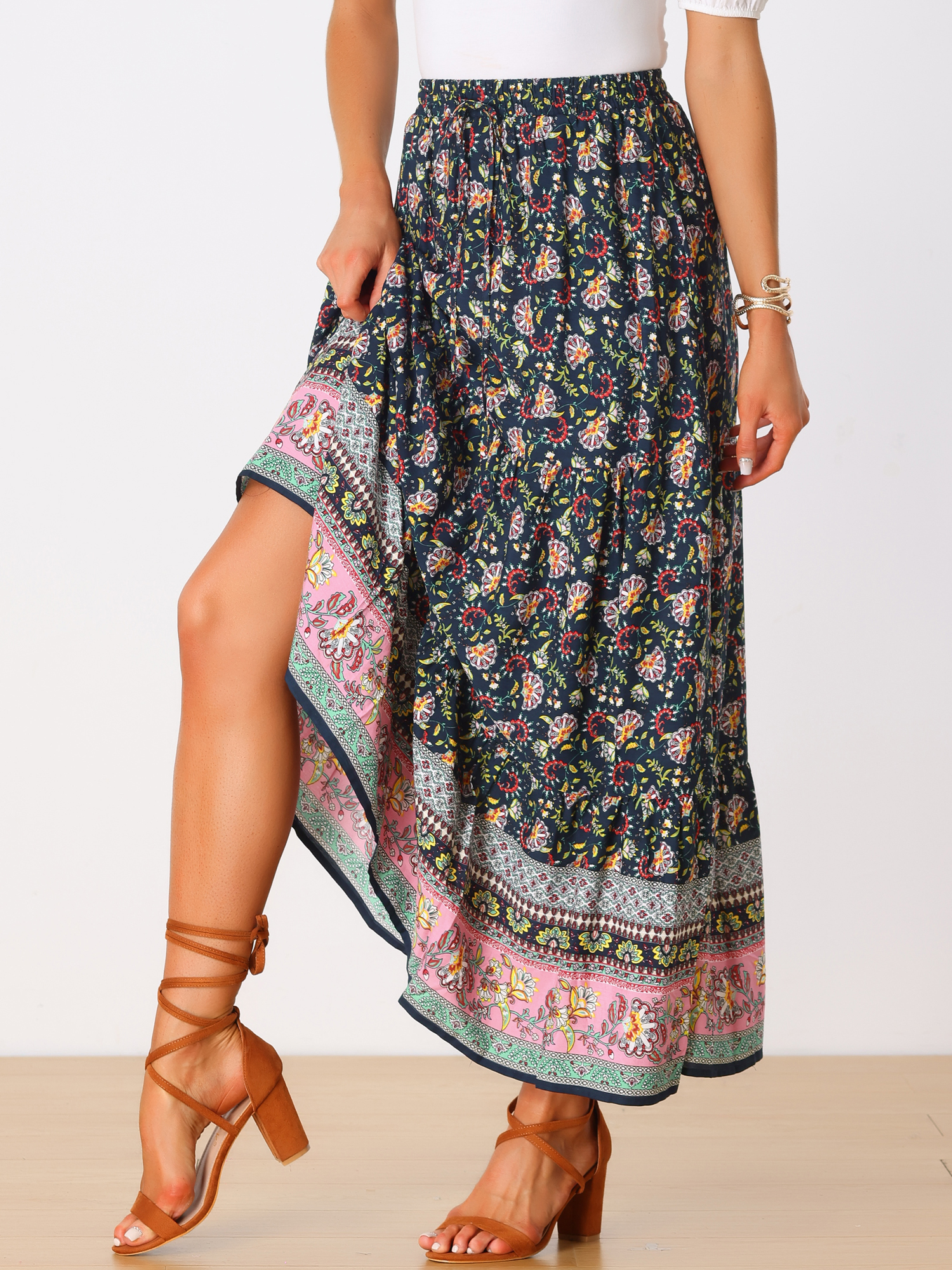 Boho Casual Bohemian Floral Printed Elastic Waist Maxi Skirt Navy Blue/XS