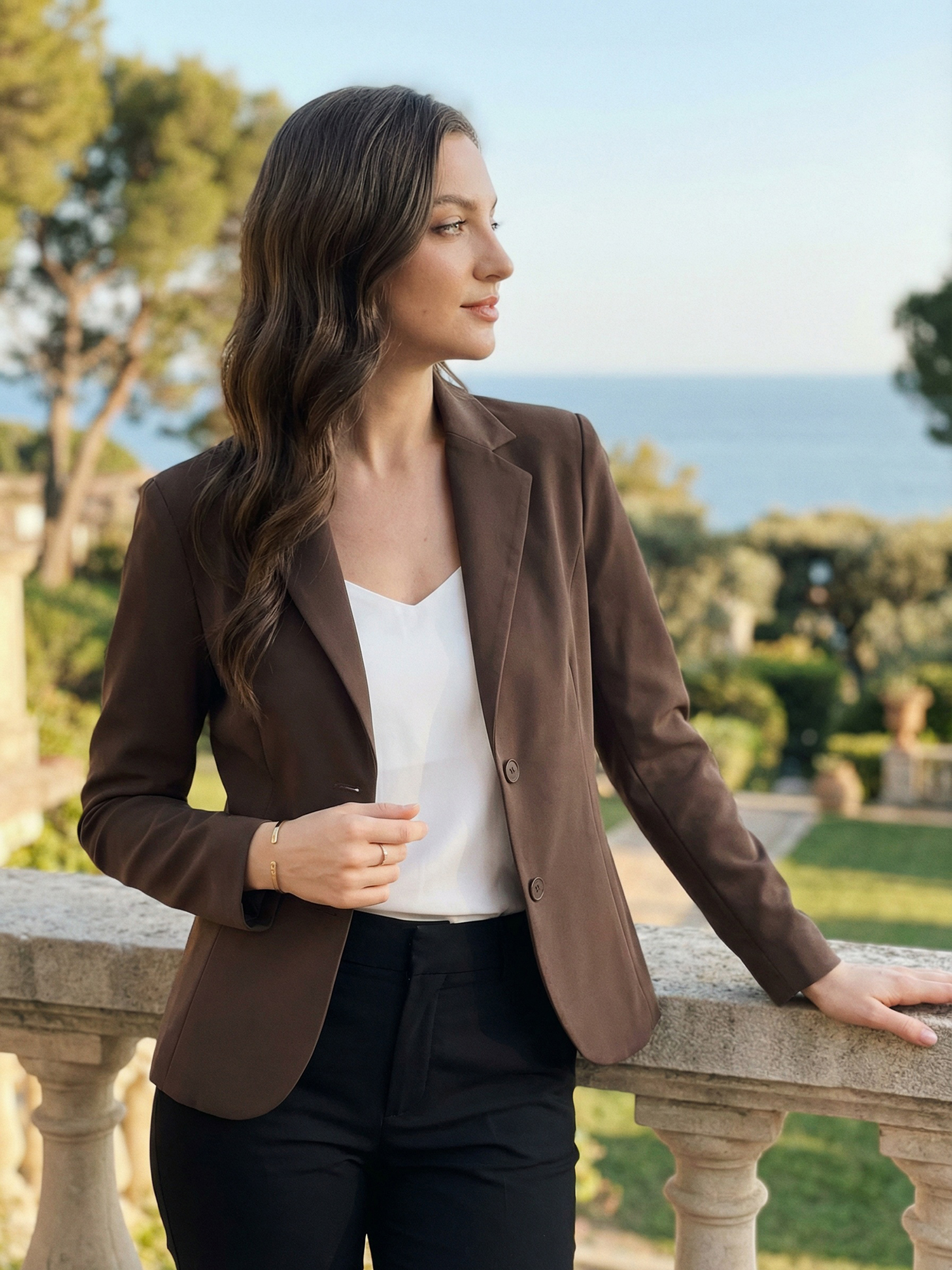 Solid Work Office Lapel Collar Stretch Jacket Suit Blazer Coffee/L