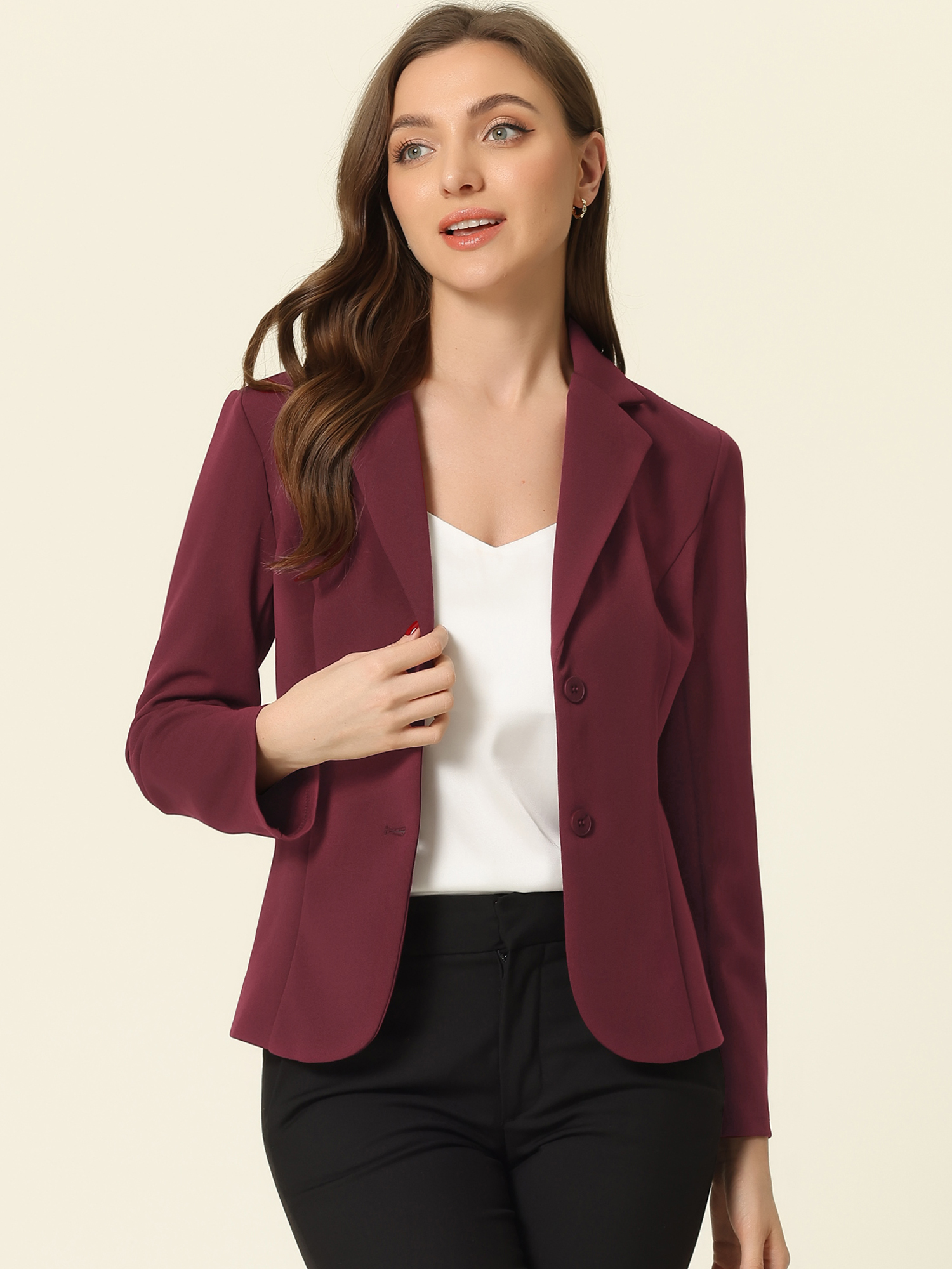Notched Lapel Collar Stretch Work Office Jacket Blazer Deep Red/XS
