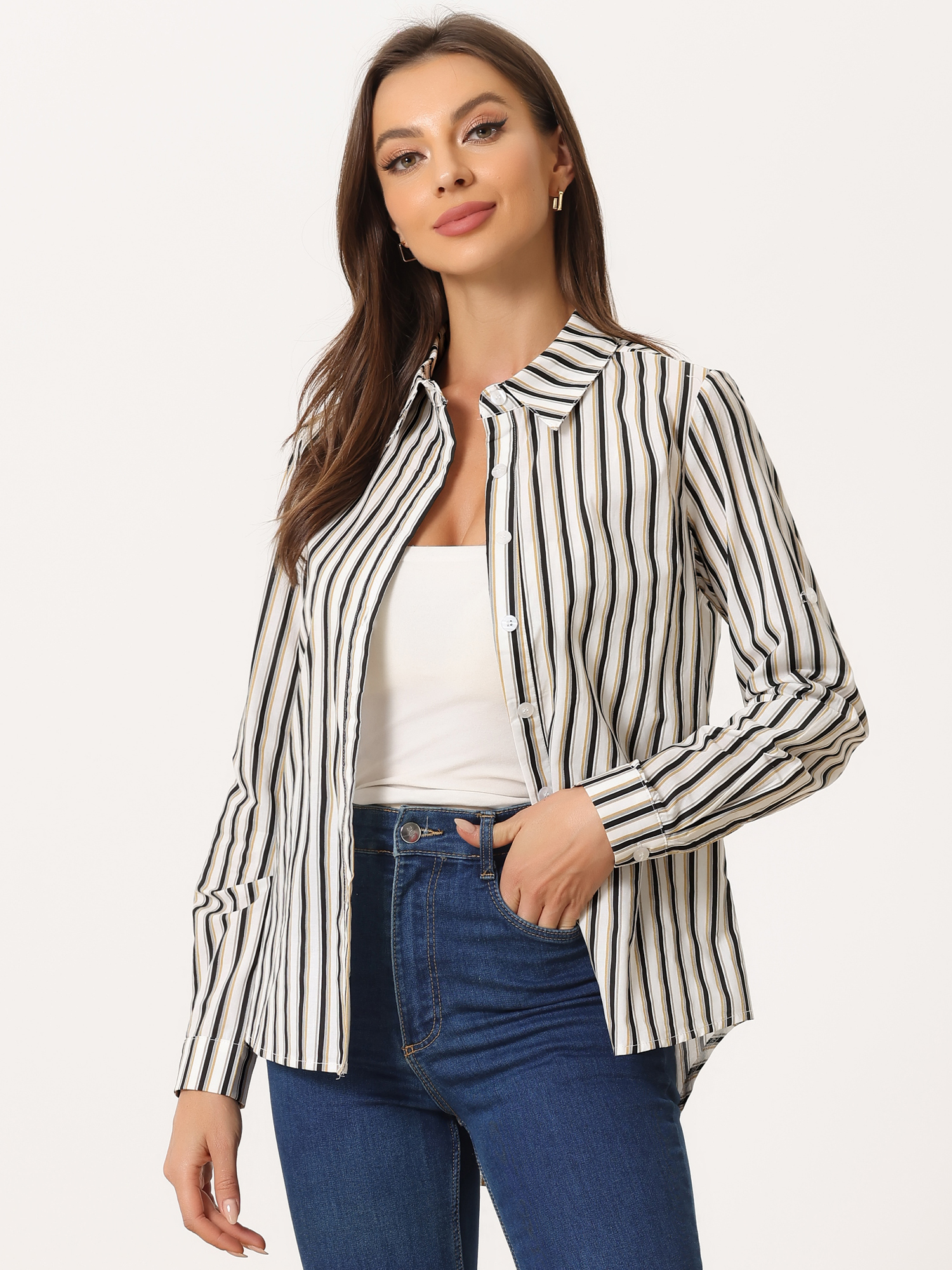 Striped Button Down Roll-up Long Sleeve Point Collar Shirt Khaki Black/M