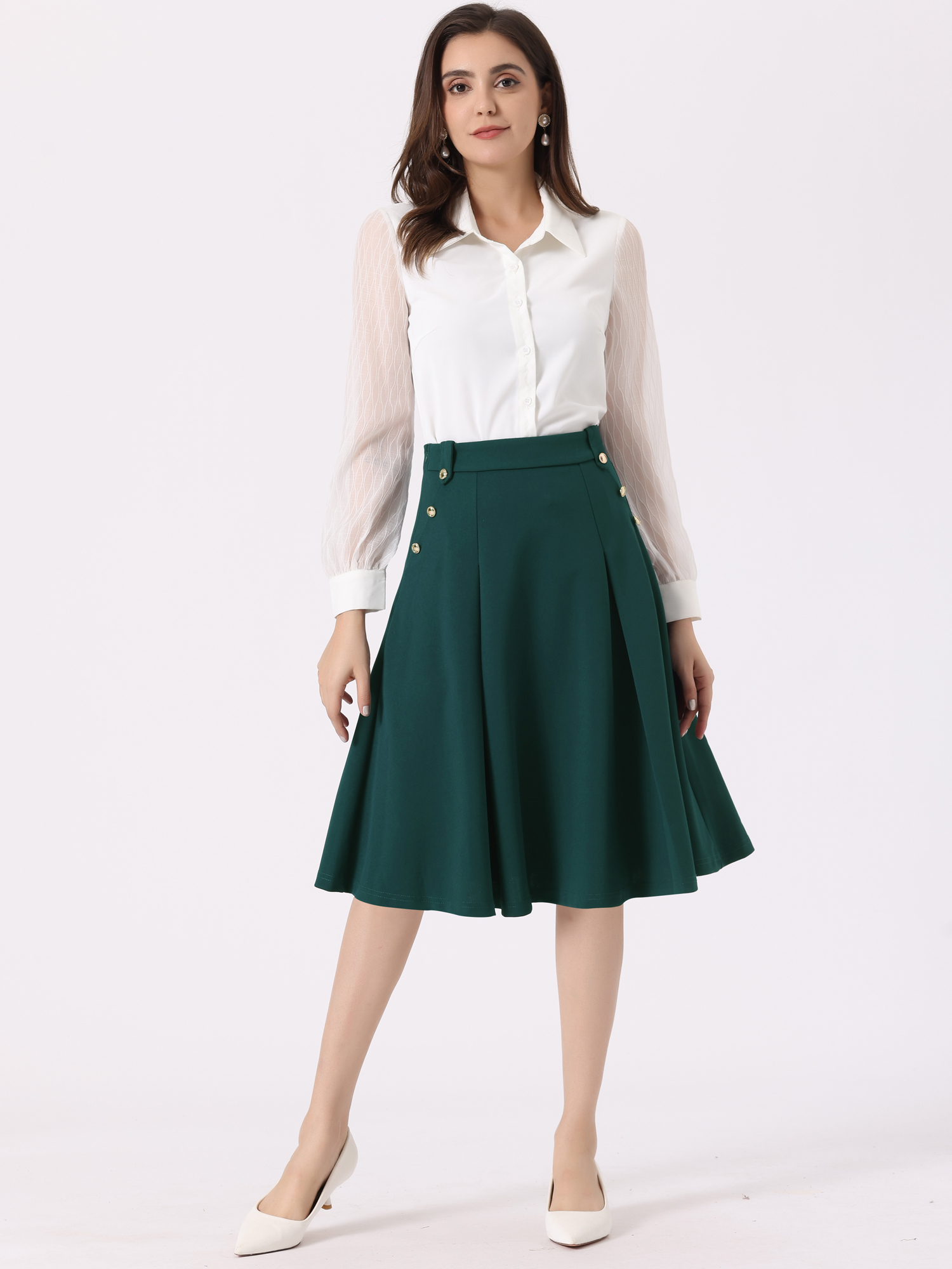 Women's High Waist Button Decor Vintage Pleated Flared Midi Skirt Dark Green/XL