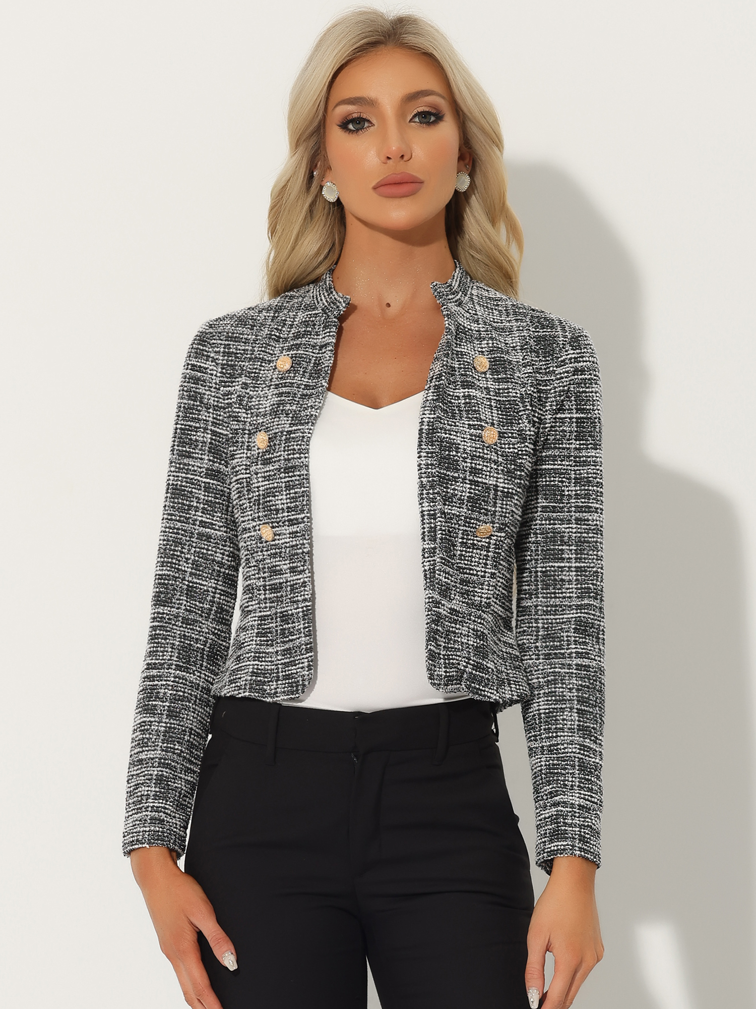 Vintage Tweed Plaid Slim Fit Work Office Cropped Jacket Black/L